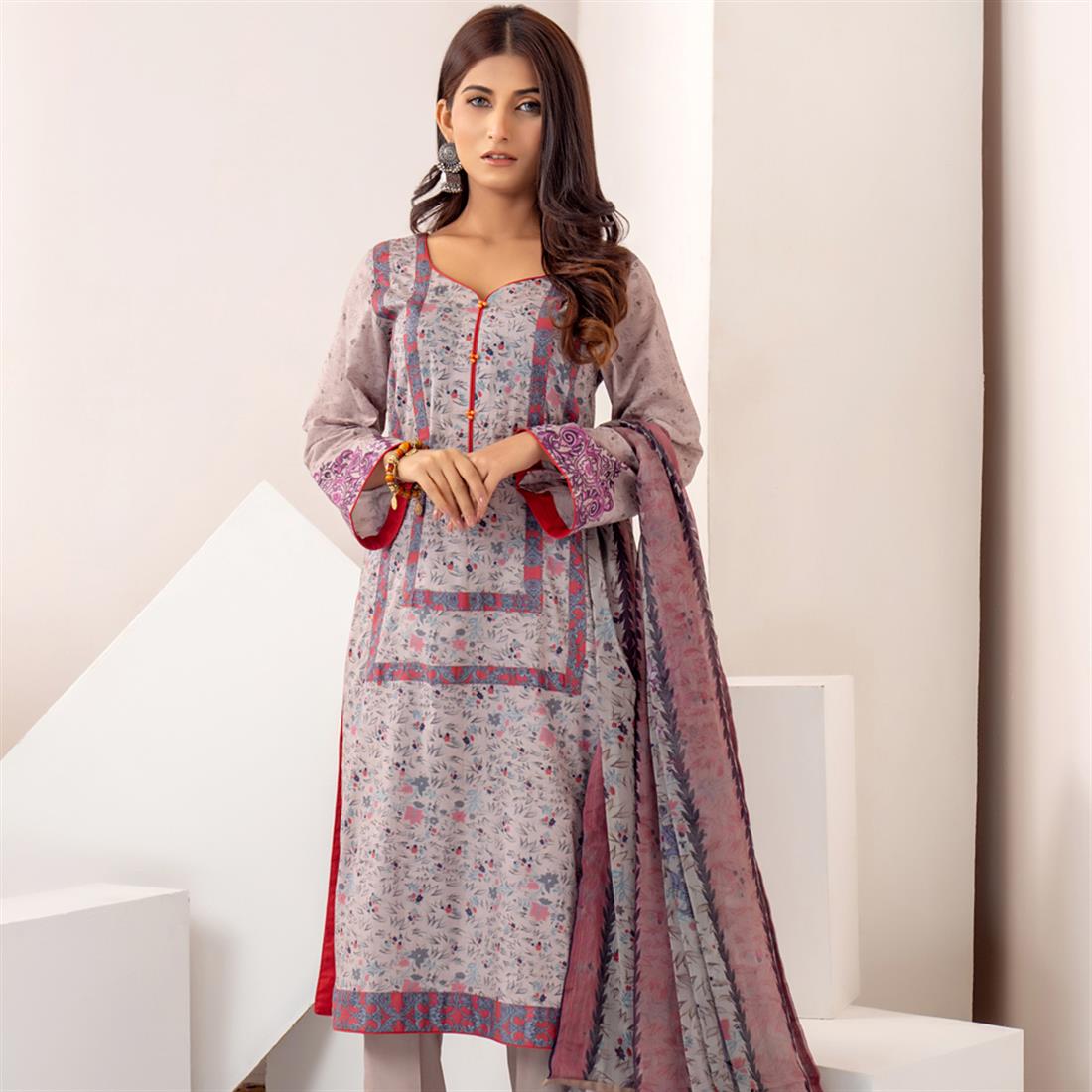 Grey Printed Shirt with Bamber Dupatta & Trouser