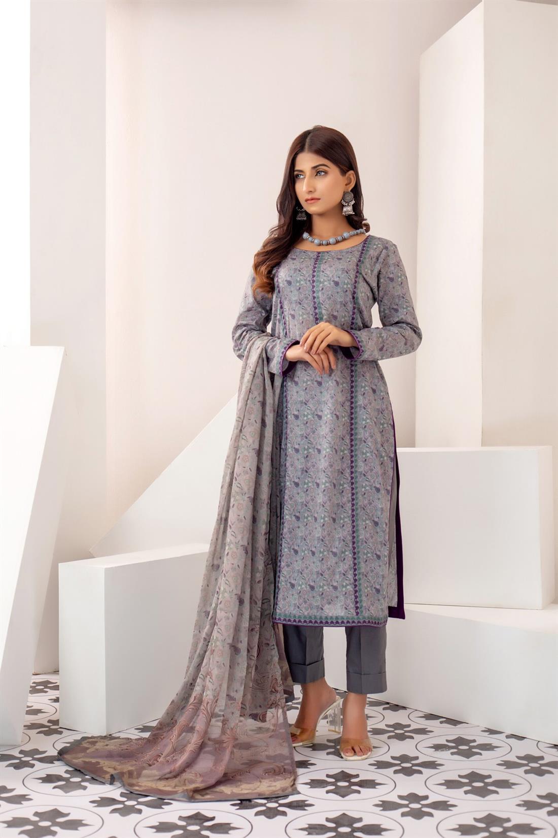 Grey & Purple 3 Piece Printed Shirt with Bamber Dupatta & Trouser