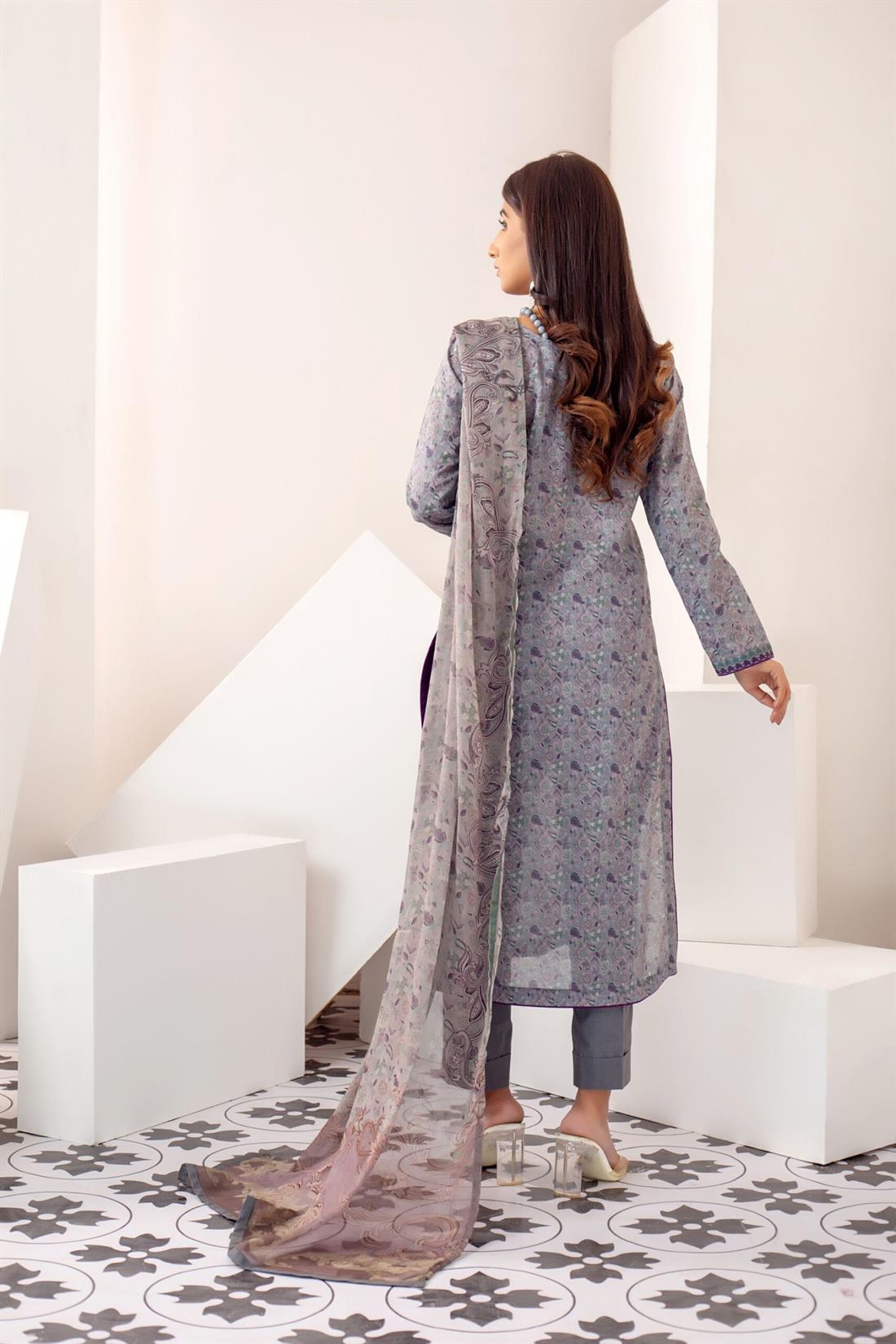 Grey & Purple 3 Piece Printed Shirt with Bamber Dupatta & Trouser