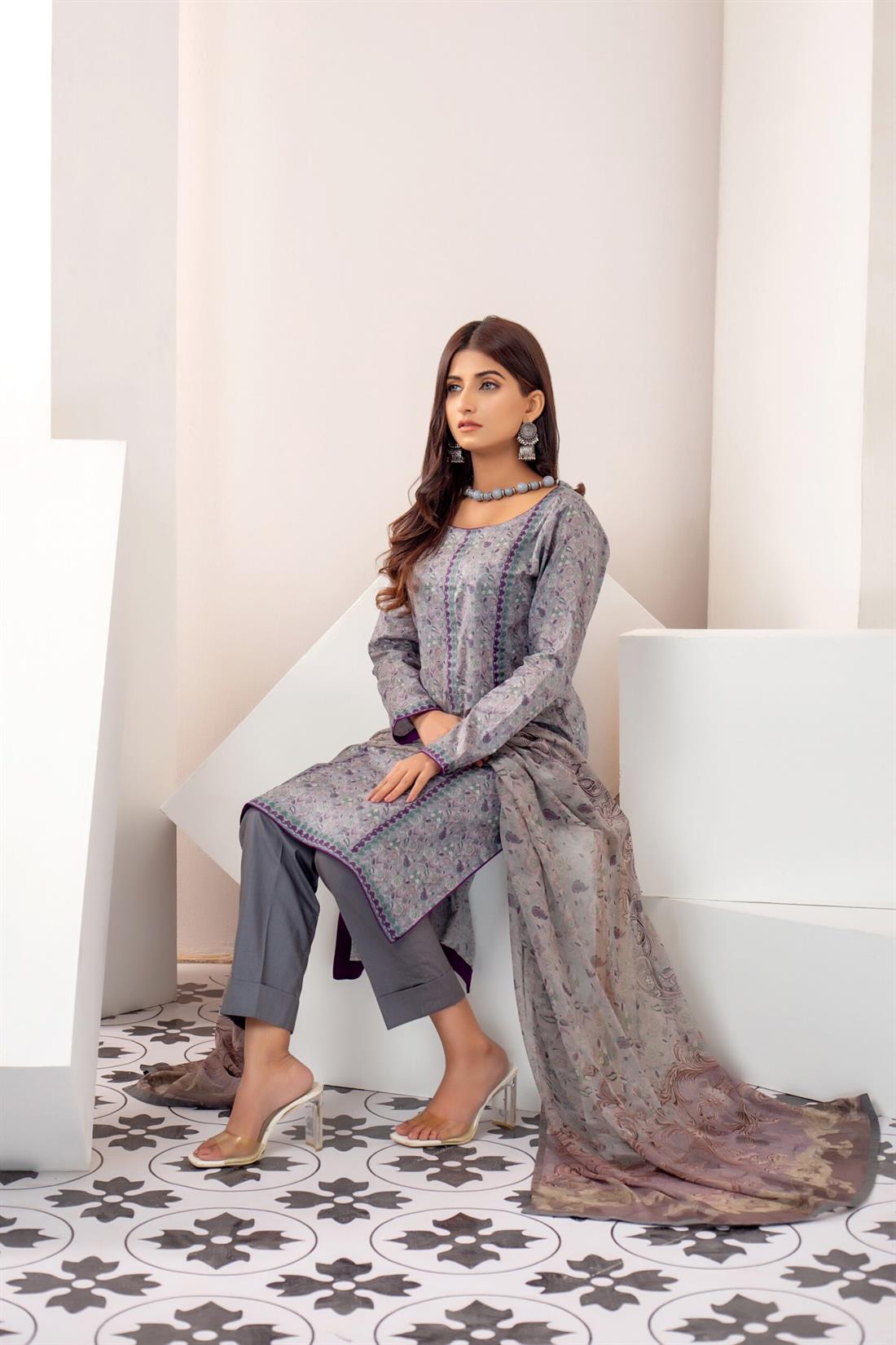 Grey & Purple 3 Piece Printed Shirt with Bamber Dupatta & Trouser
