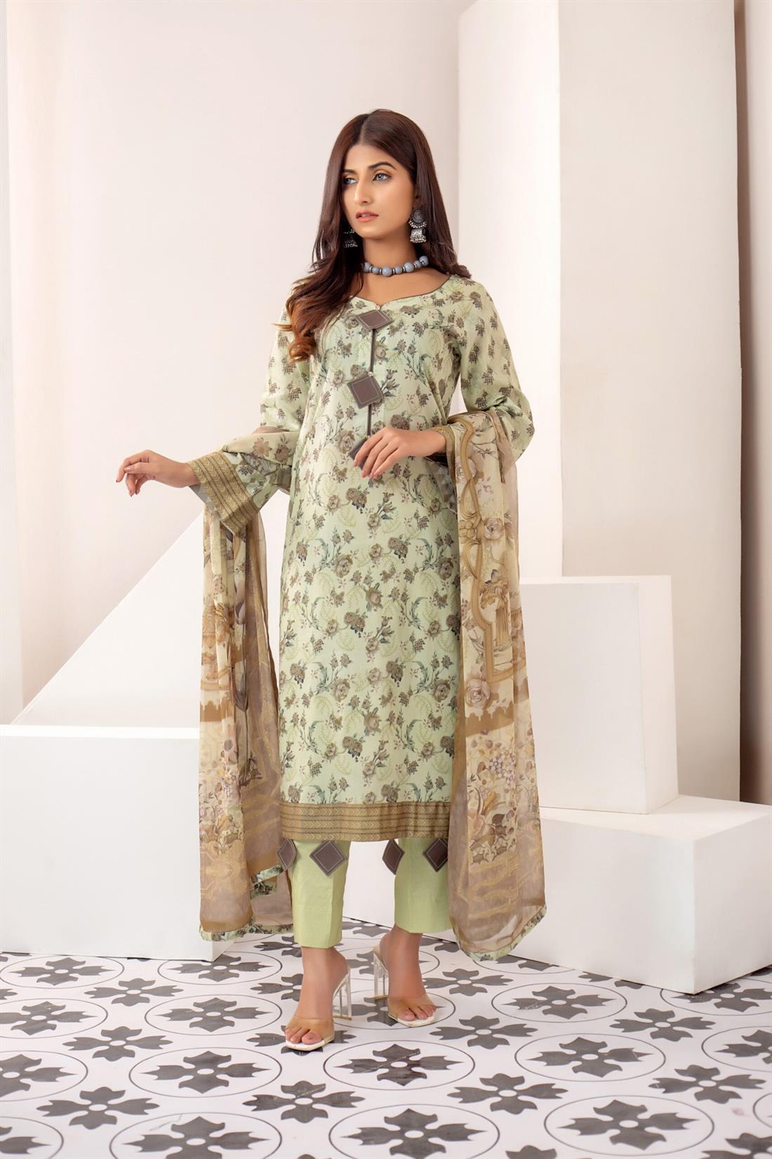 Pista Printed Shirt with Bamber Dupatta & Trouser