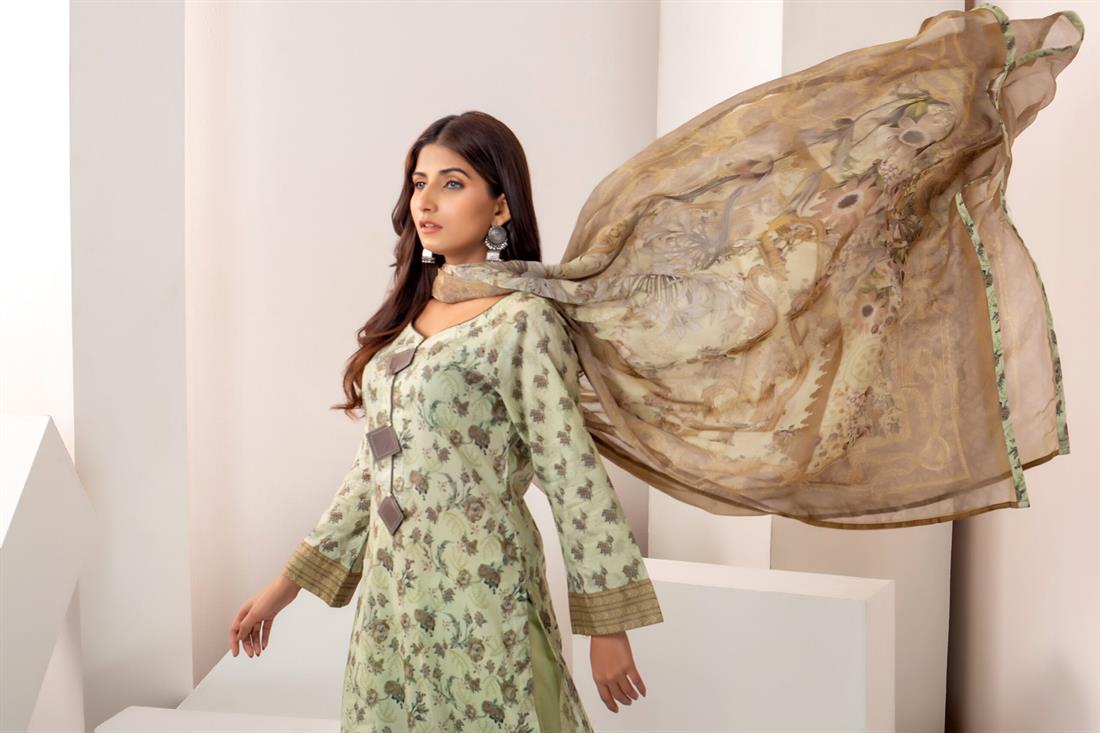 Pista Printed Shirt with Bamber Dupatta & Trouser