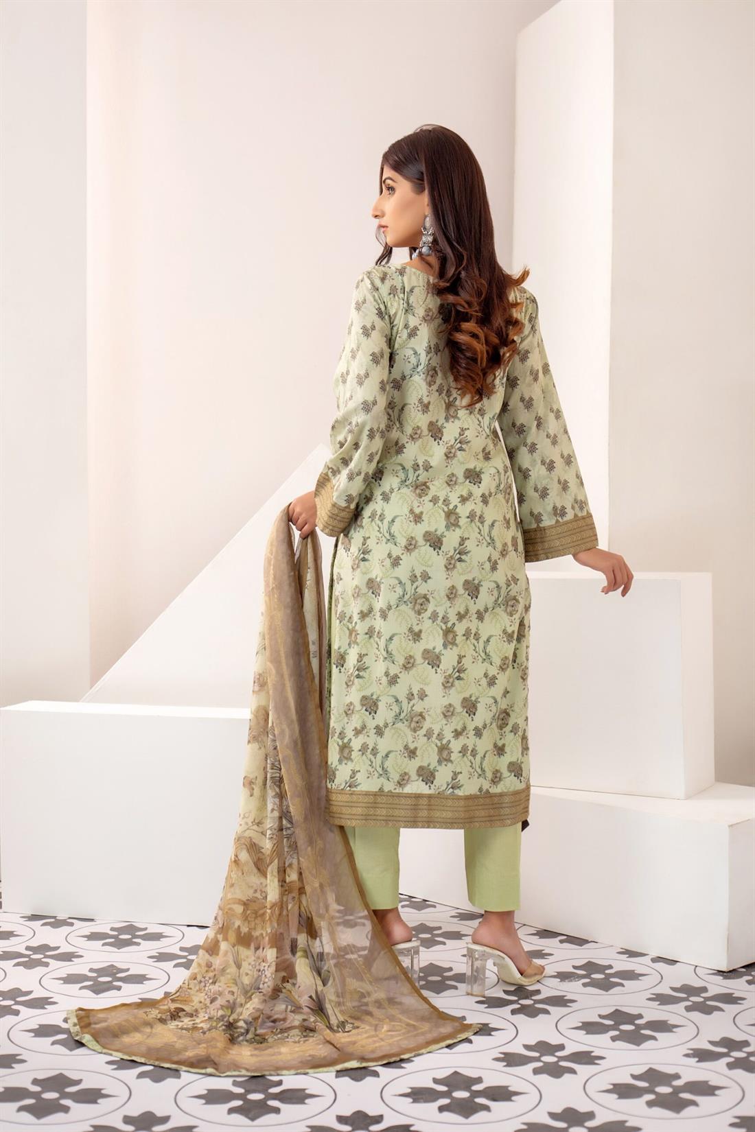 Pista Printed Shirt with Bamber Dupatta & Trouser