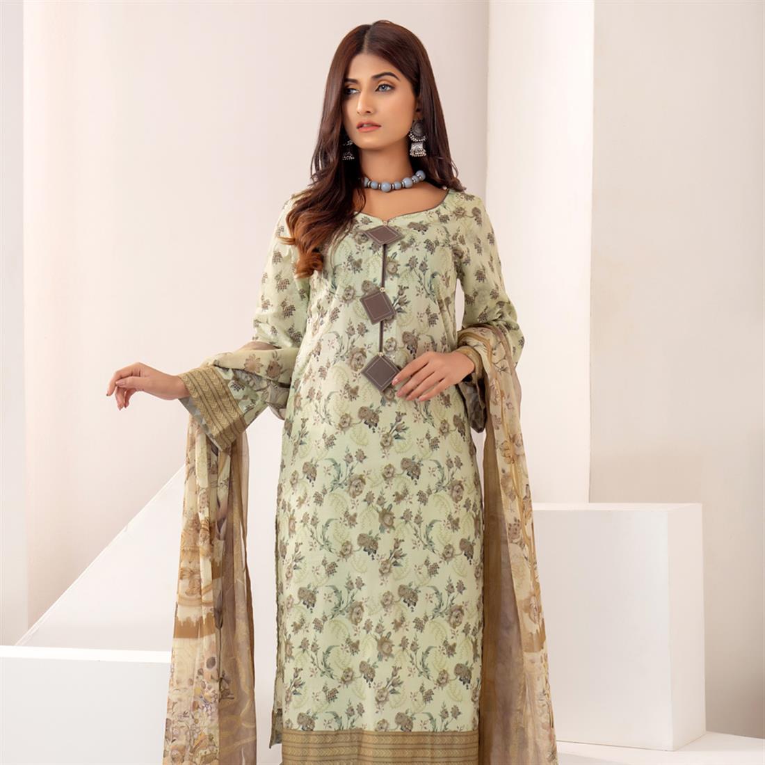 Pista Printed Shirt with Bamber Dupatta & Trouser