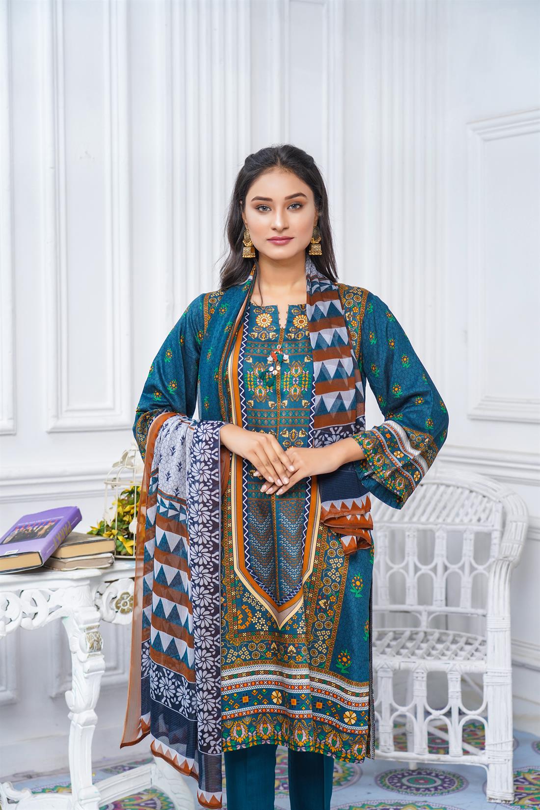 Teal Chiffon Digital Printed Salwar Kameez with Dupatta