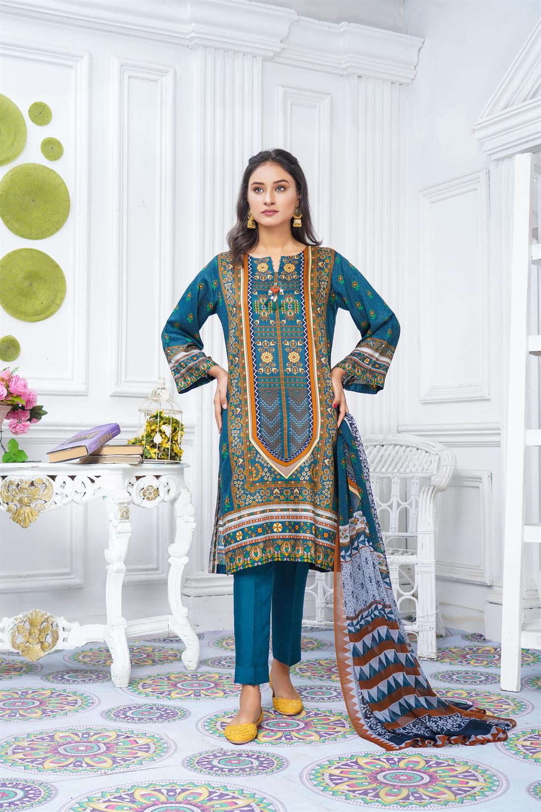 Teal Chiffon Digital Printed Salwar Kameez with Dupatta