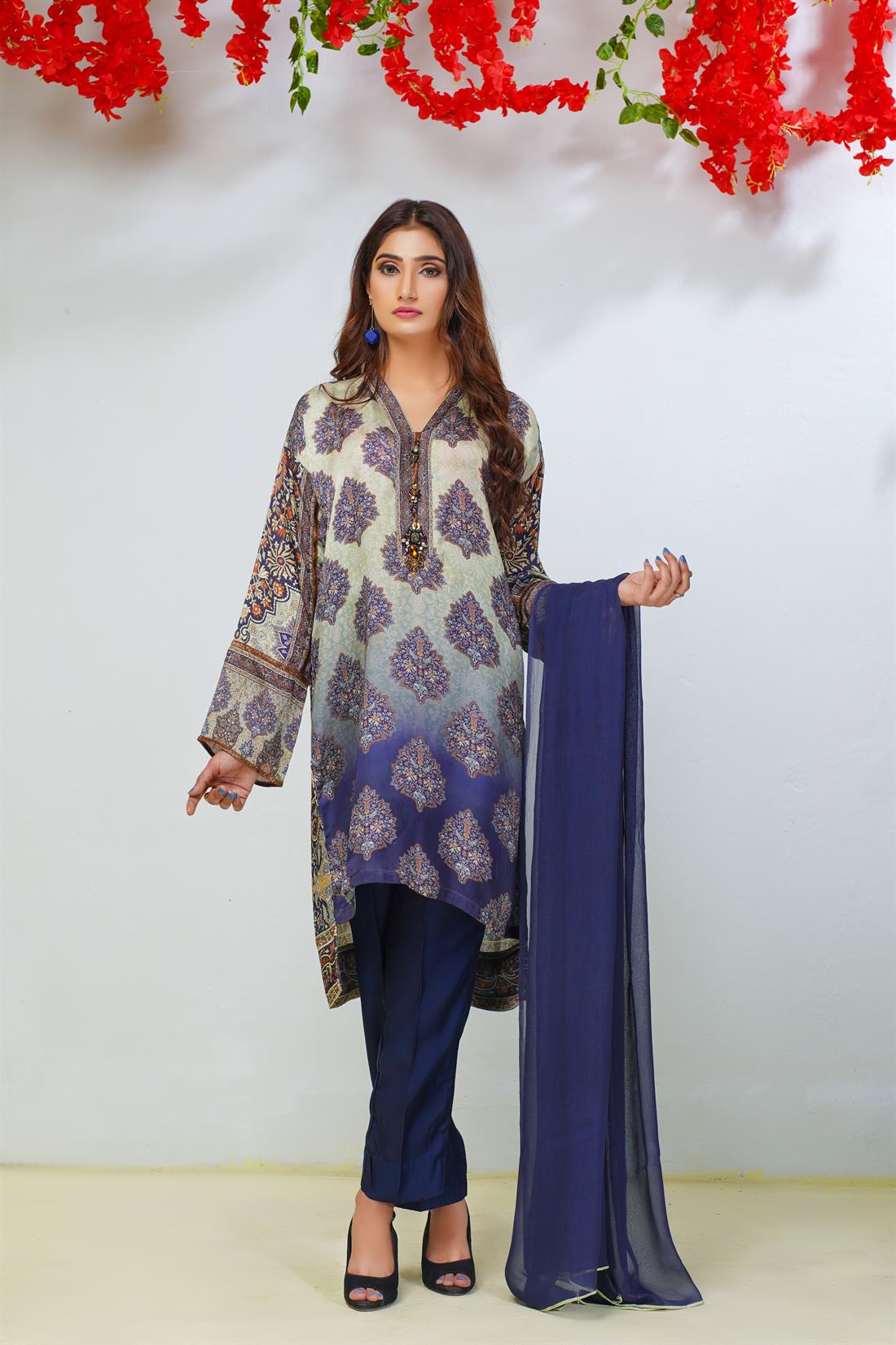 Mint & Navy Chiffon Mint/Navy 3 Piece Silk Digital Printed Salwar Kameez