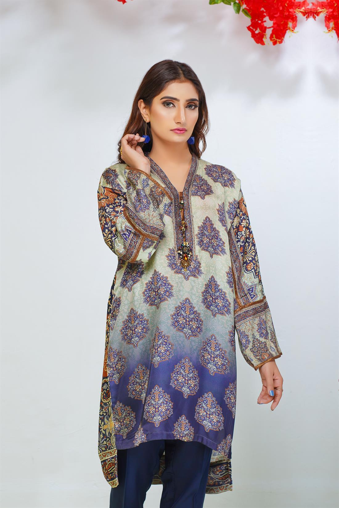 Mint & Navy Chiffon Mint/Navy 3 Piece Silk Digital Printed Salwar Kameez