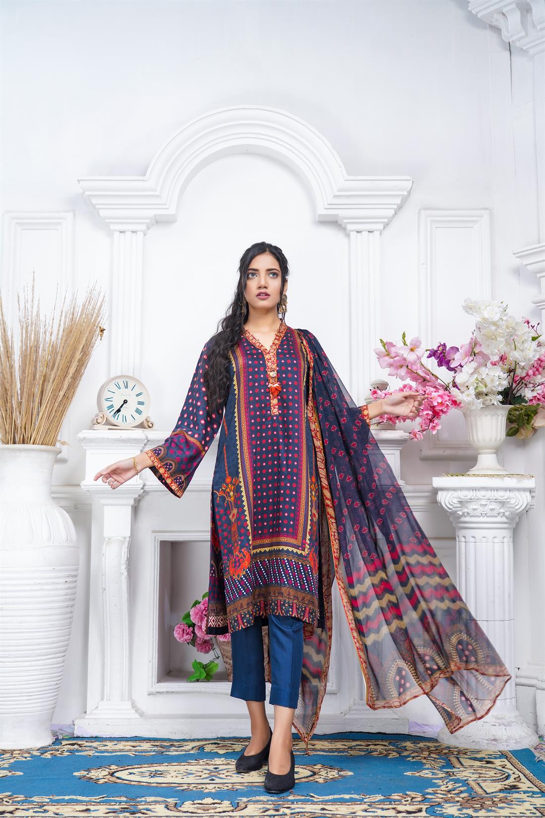 Black & Multicolour Chiffon Black/Multicolour Digital Printed Shirt with Trouser