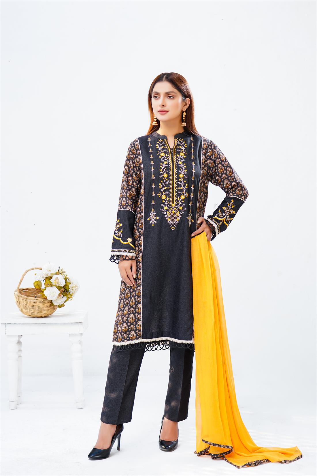 Black Chiffon 3 Piece Digital Printed Shirt with Trouser