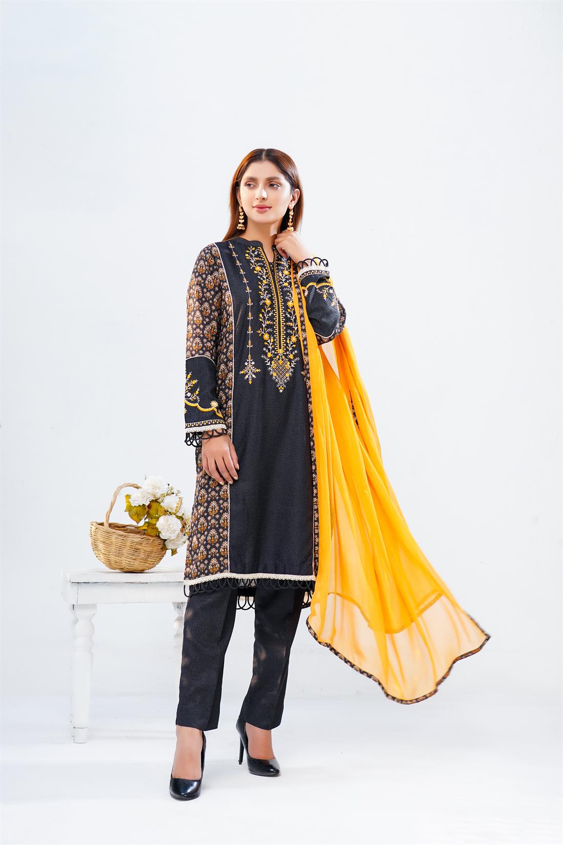 Black Chiffon 3 Piece Digital Printed Shirt with Trouser