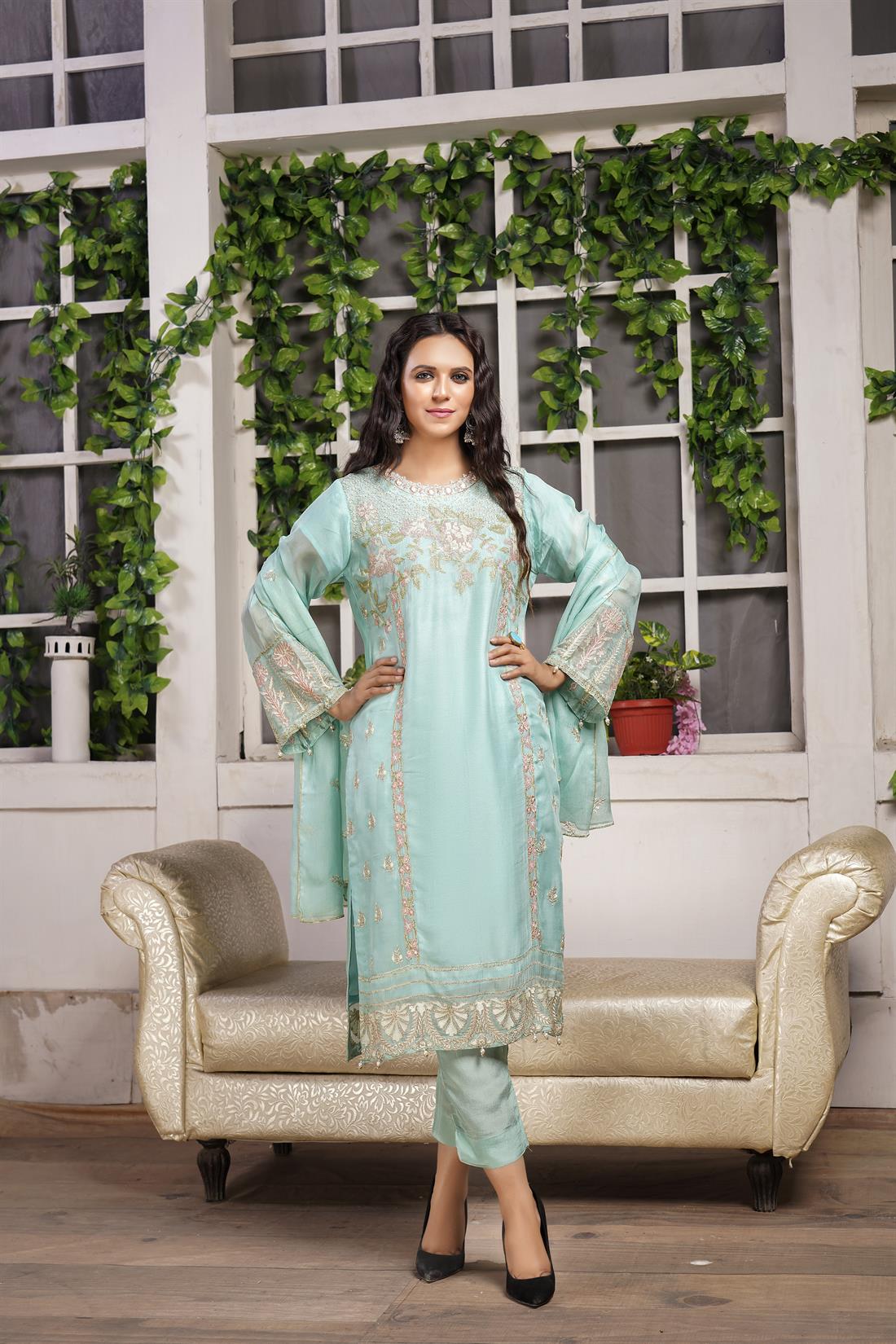 Aqua Blue 3 Piece Embroidered Readymade Salwar Suit