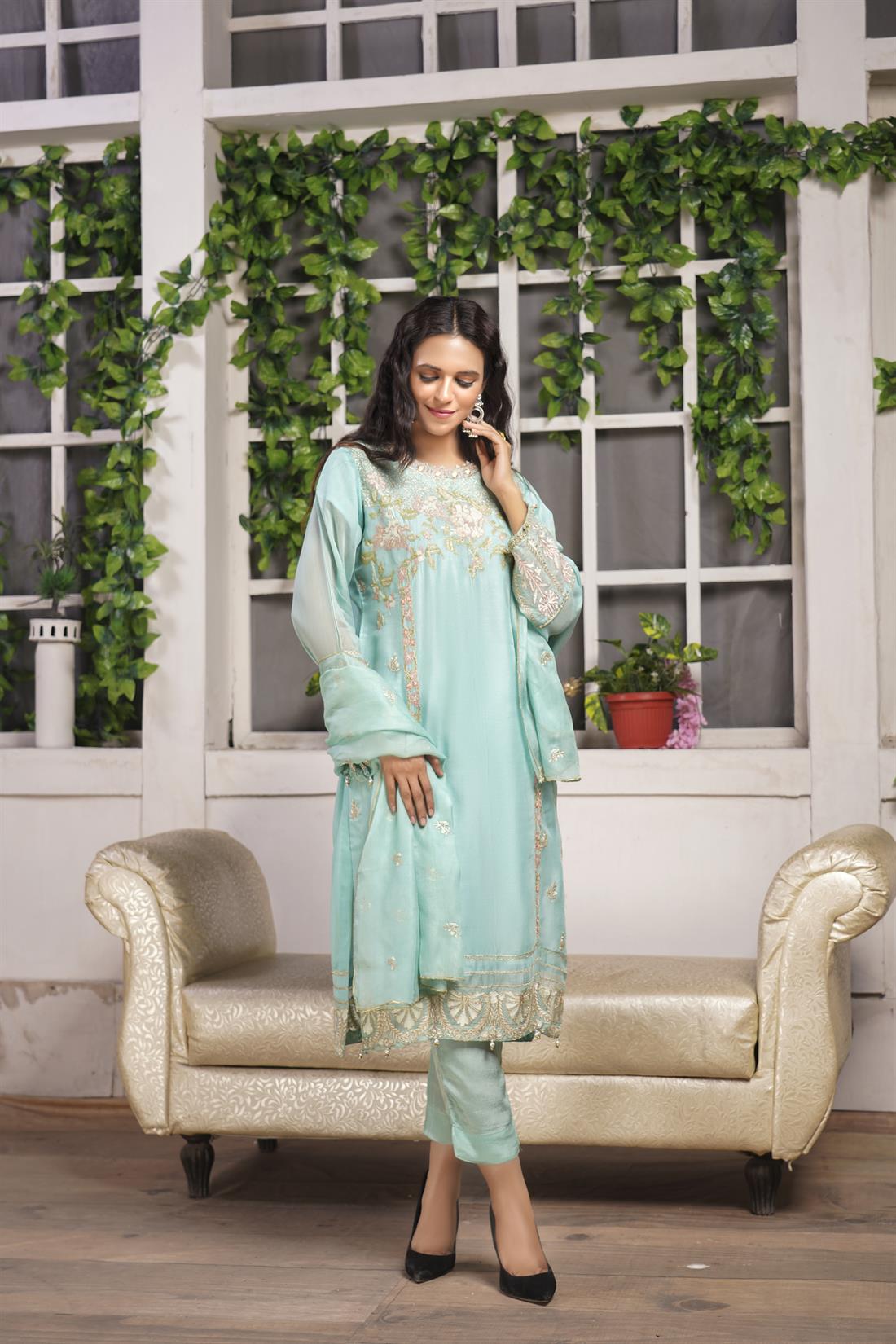 Aqua Blue 3 Piece Embroidered Readymade Salwar Suit