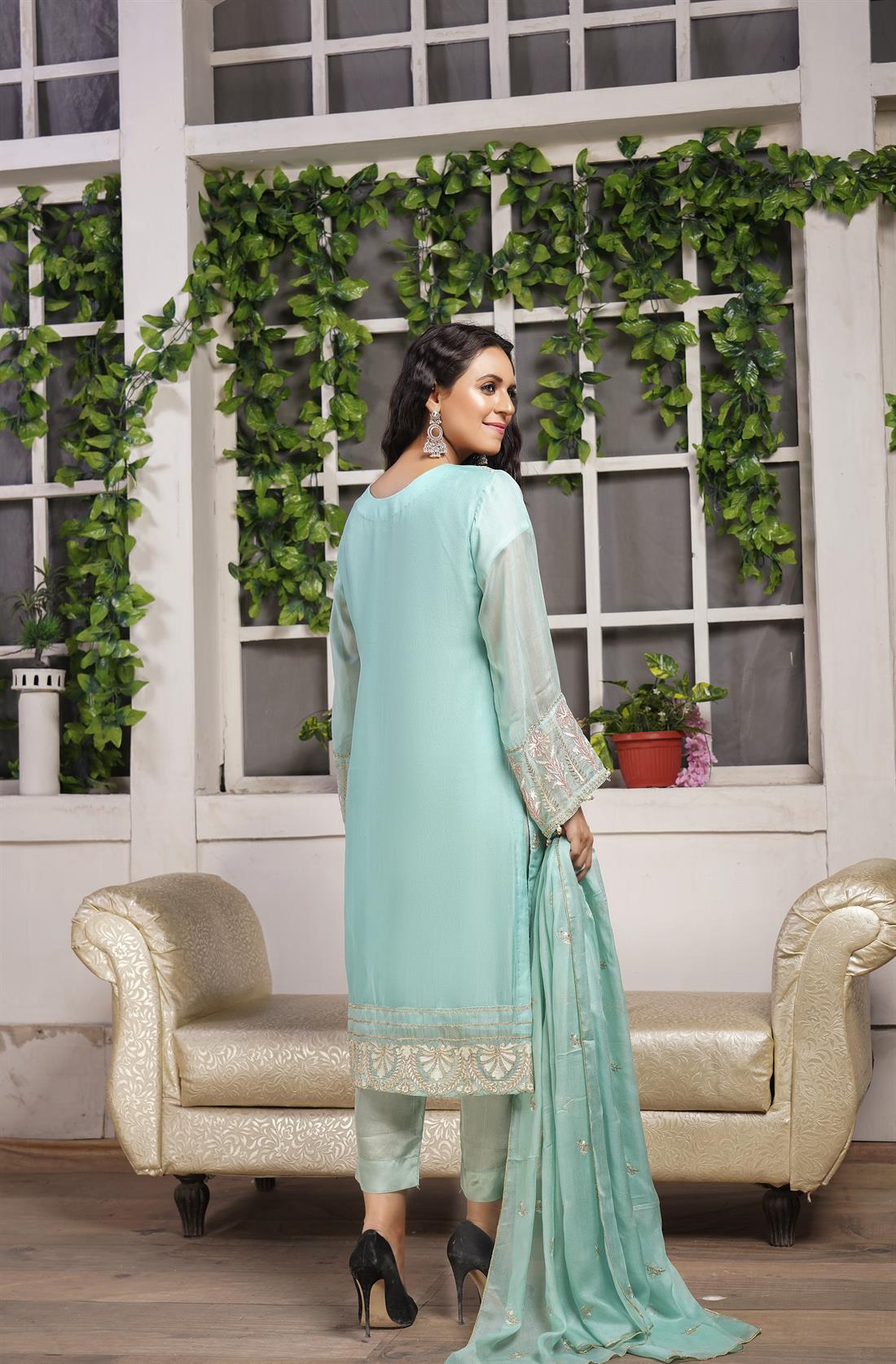Aqua Blue 3 Piece Embroidered Readymade Salwar Suit