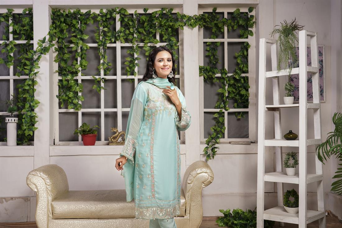 Aqua Blue 3 Piece Embroidered Readymade Salwar Suit