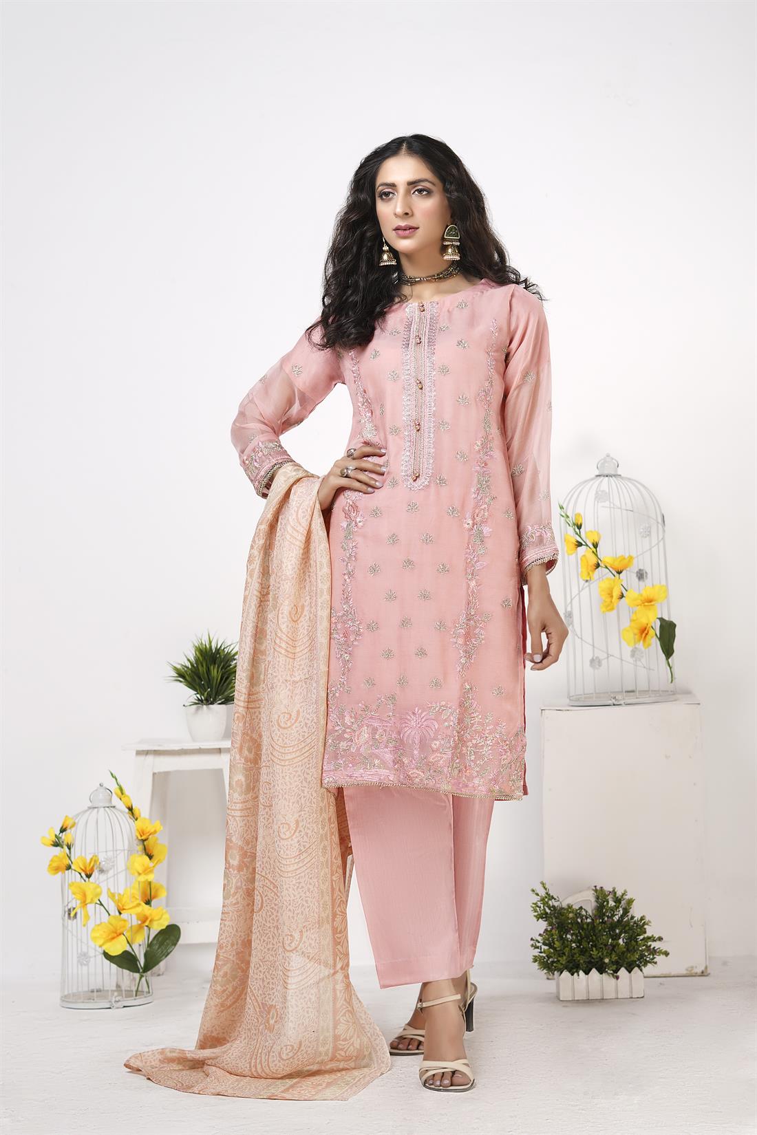 Baby Pink 3 Piece Embroidered Readymade Salwar Suit