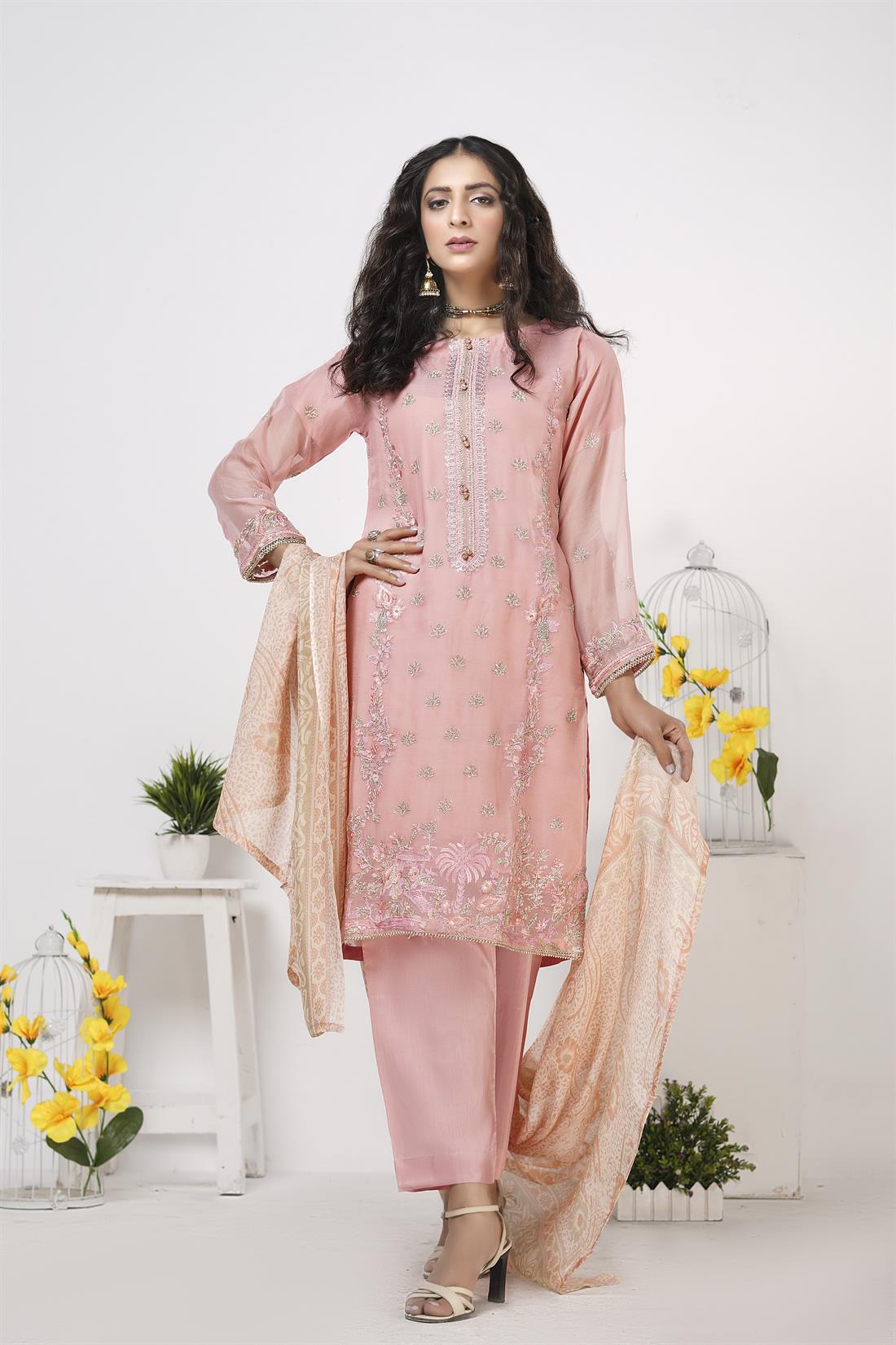 Baby Pink 3 Piece Embroidered Readymade Salwar Suit