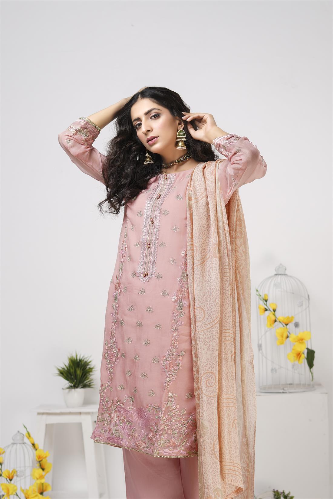 Baby Pink 3 Piece Embroidered Readymade Salwar Suit