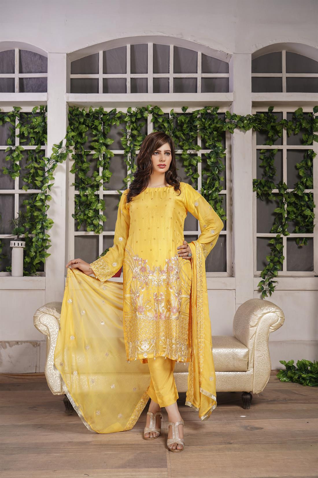 Yellow 3 Piece Embroidered Readymade Salwar Suit