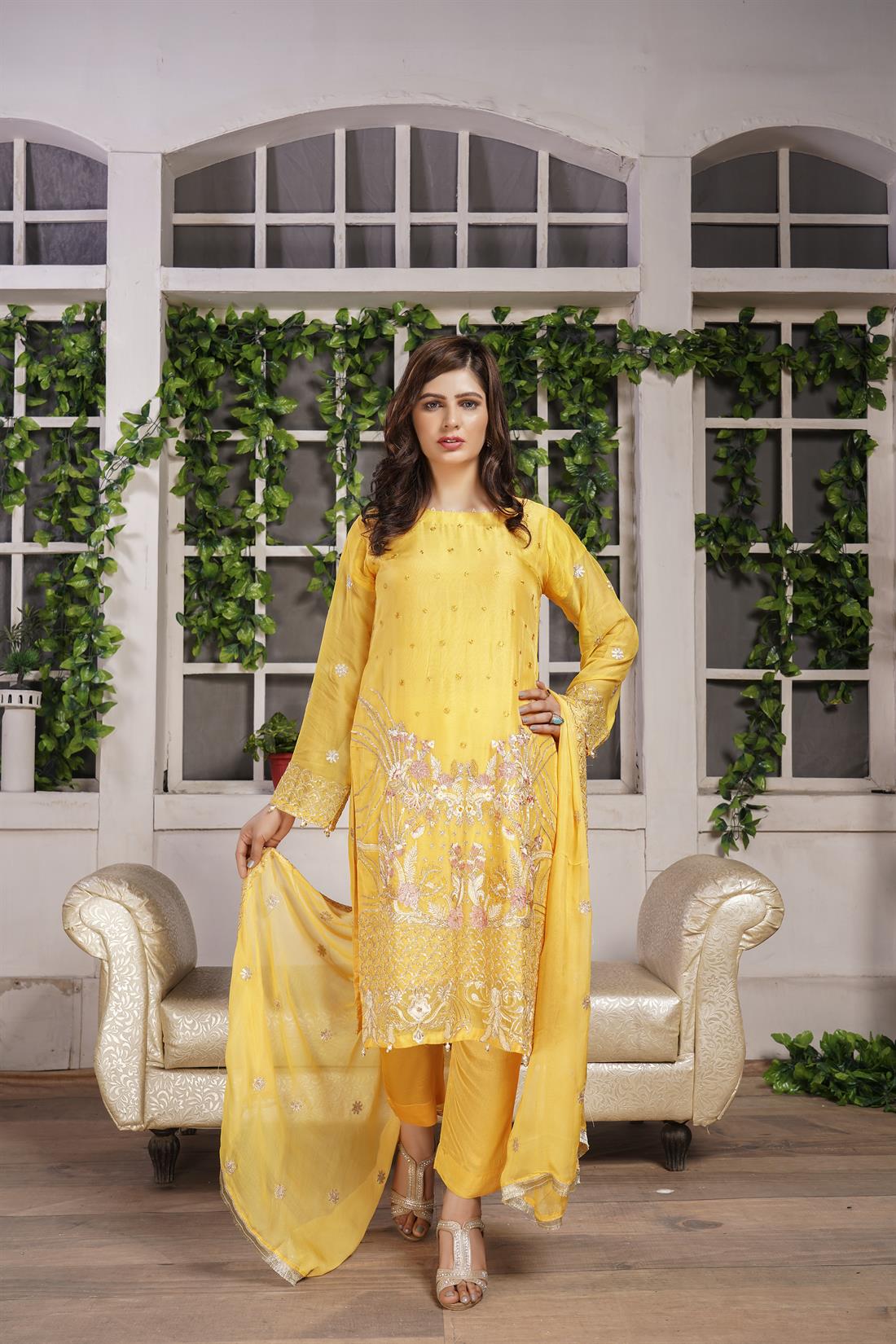 Yellow 3 Piece Embroidered Readymade Salwar Suit