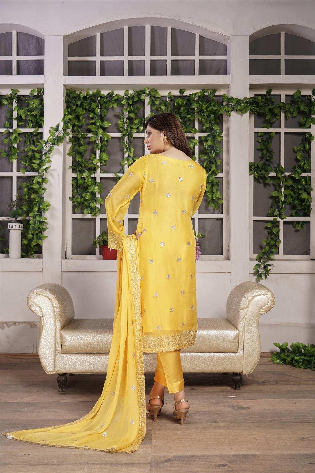 Yellow 3 Piece Embroidered Readymade Salwar Suit