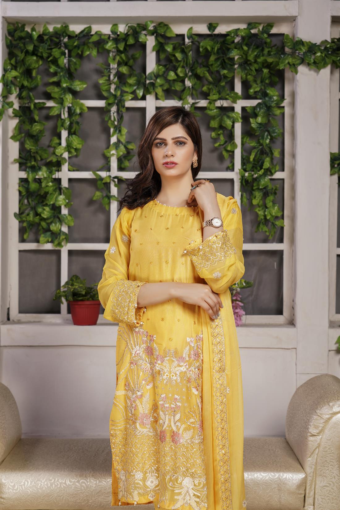 Yellow 3 Piece Embroidered Readymade Salwar Suit