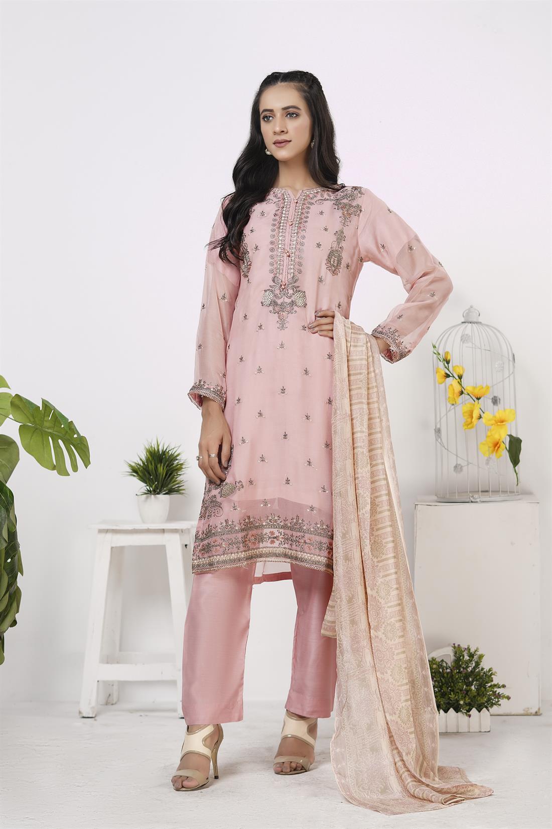 Pink 3 Piece Embroidered Readymade Salwar Suit