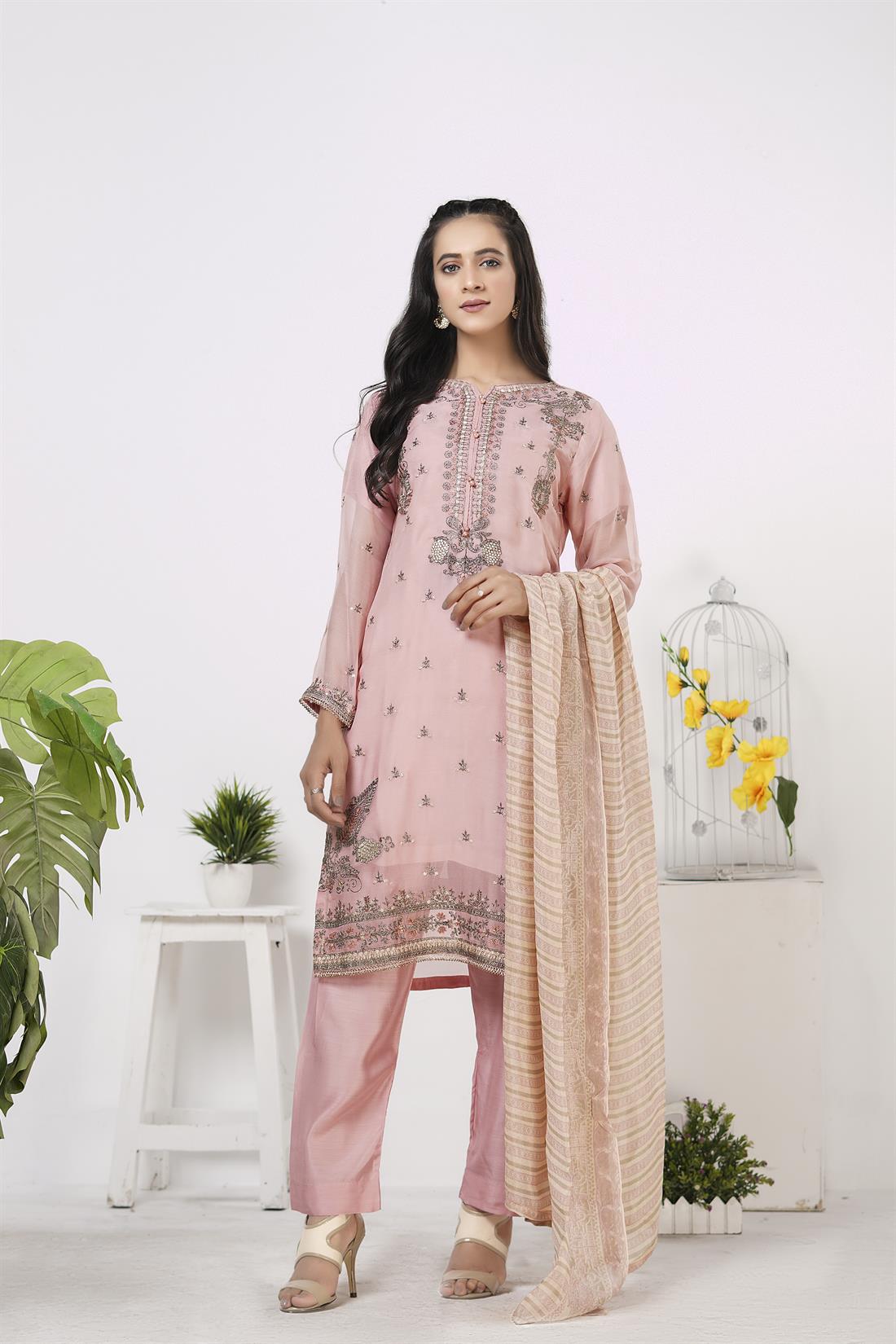 Pink 3 Piece Embroidered Readymade Salwar Suit