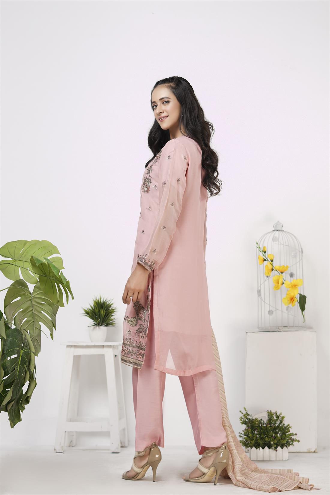 Pink 3 Piece Embroidered Readymade Salwar Suit