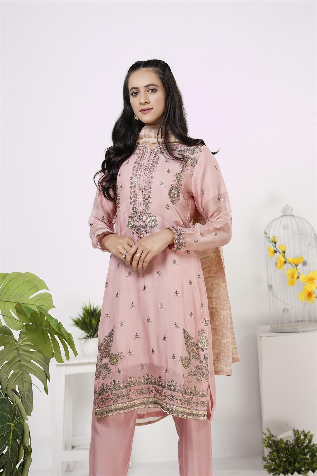 Pink 3 Piece Embroidered Readymade Salwar Suit