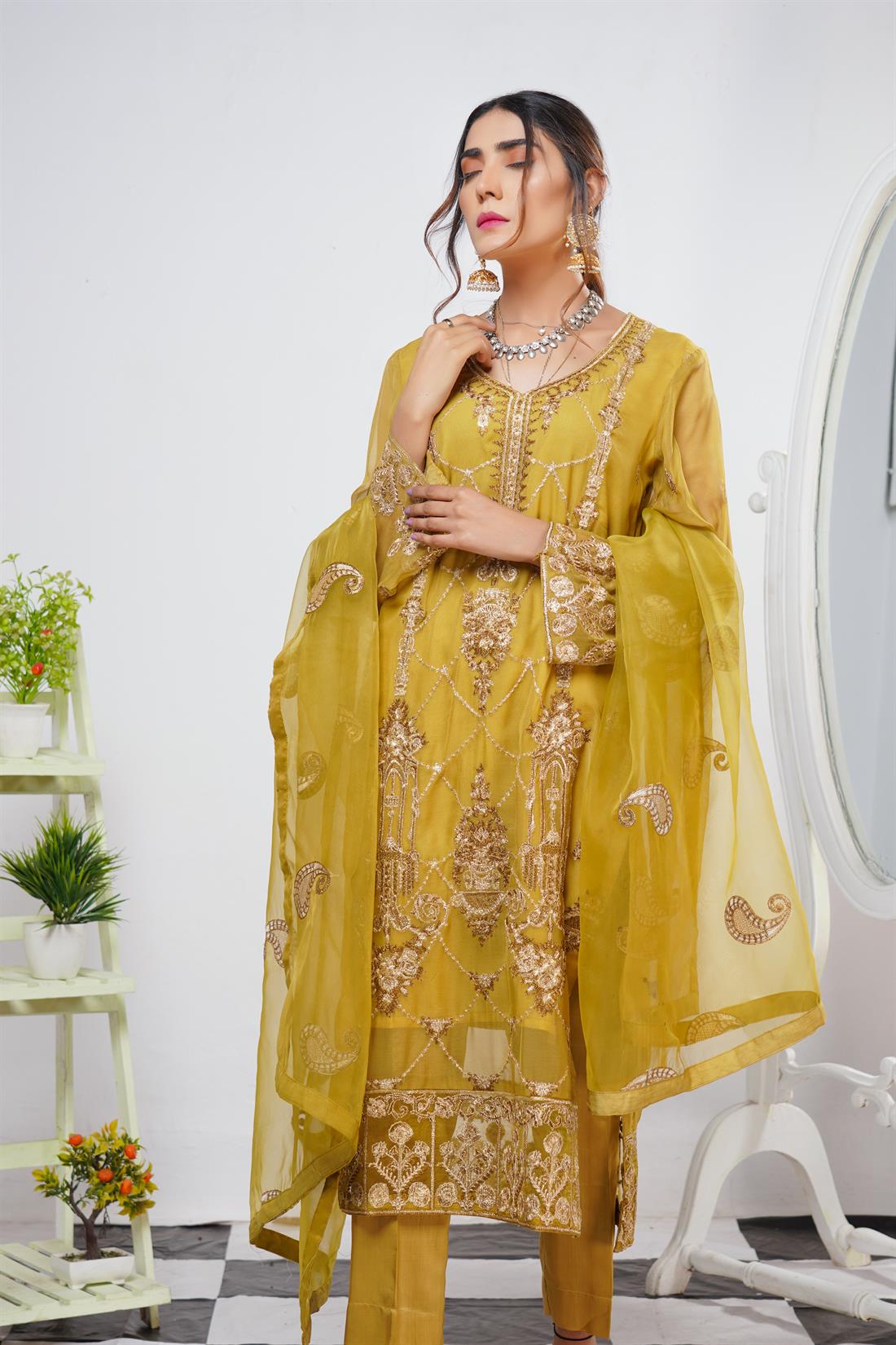 Mustard Ladies Readymade 3 Piece Suits for Womens