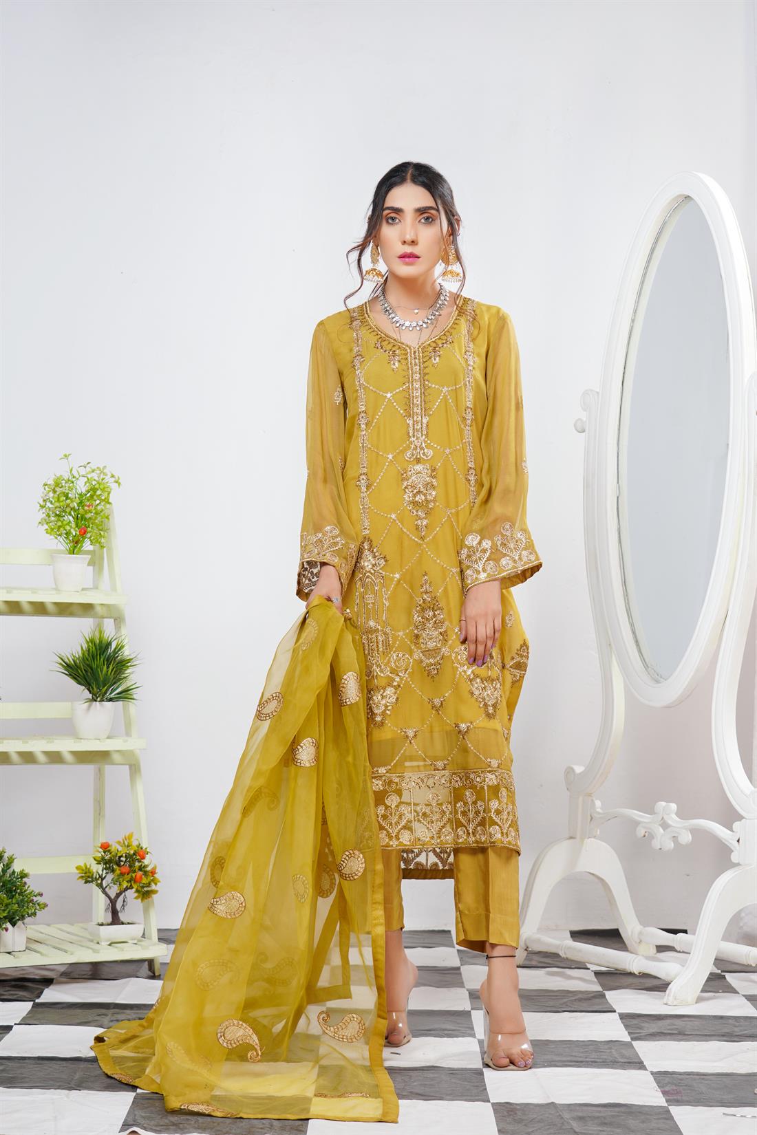 Mustard Ladies Readymade 3 Piece Suits for Womens