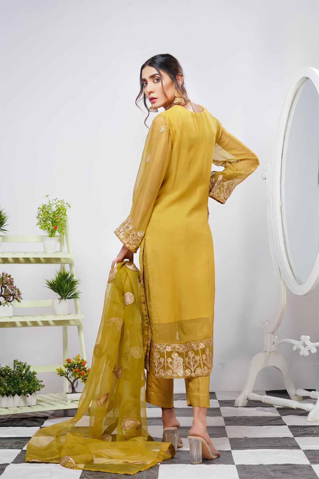 Mustard Ladies Readymade 3 Piece Suits for Womens