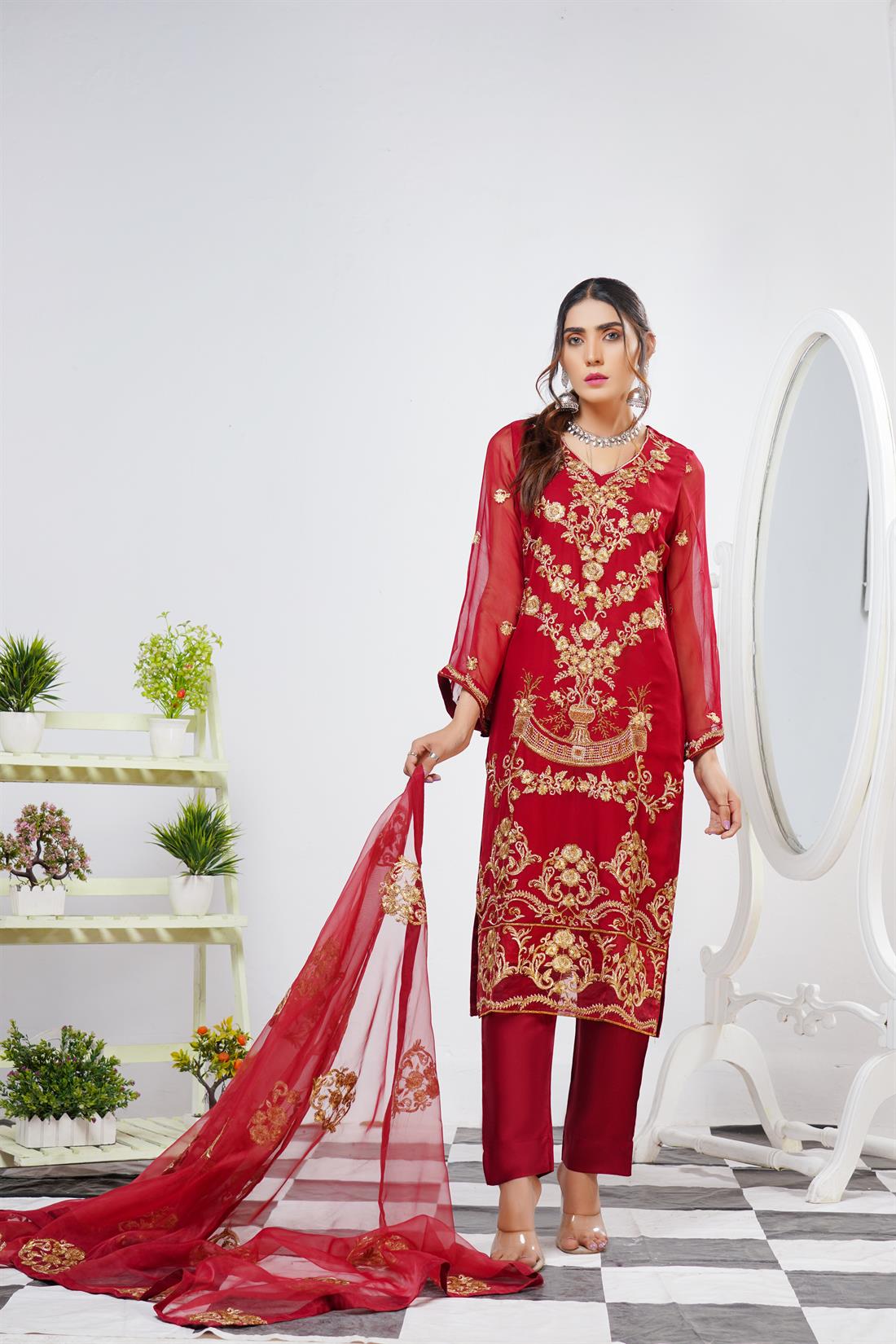 Maroon Ladies Readymade 3 Piece Suits for Womens