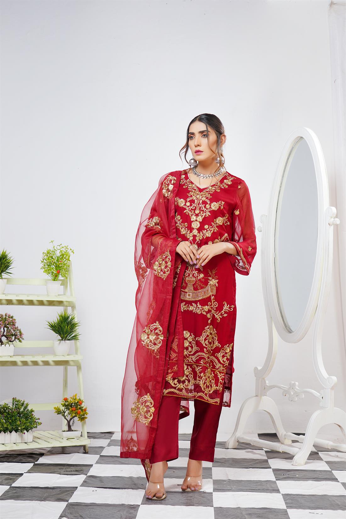 Maroon Ladies Readymade 3 Piece Suits for Womens