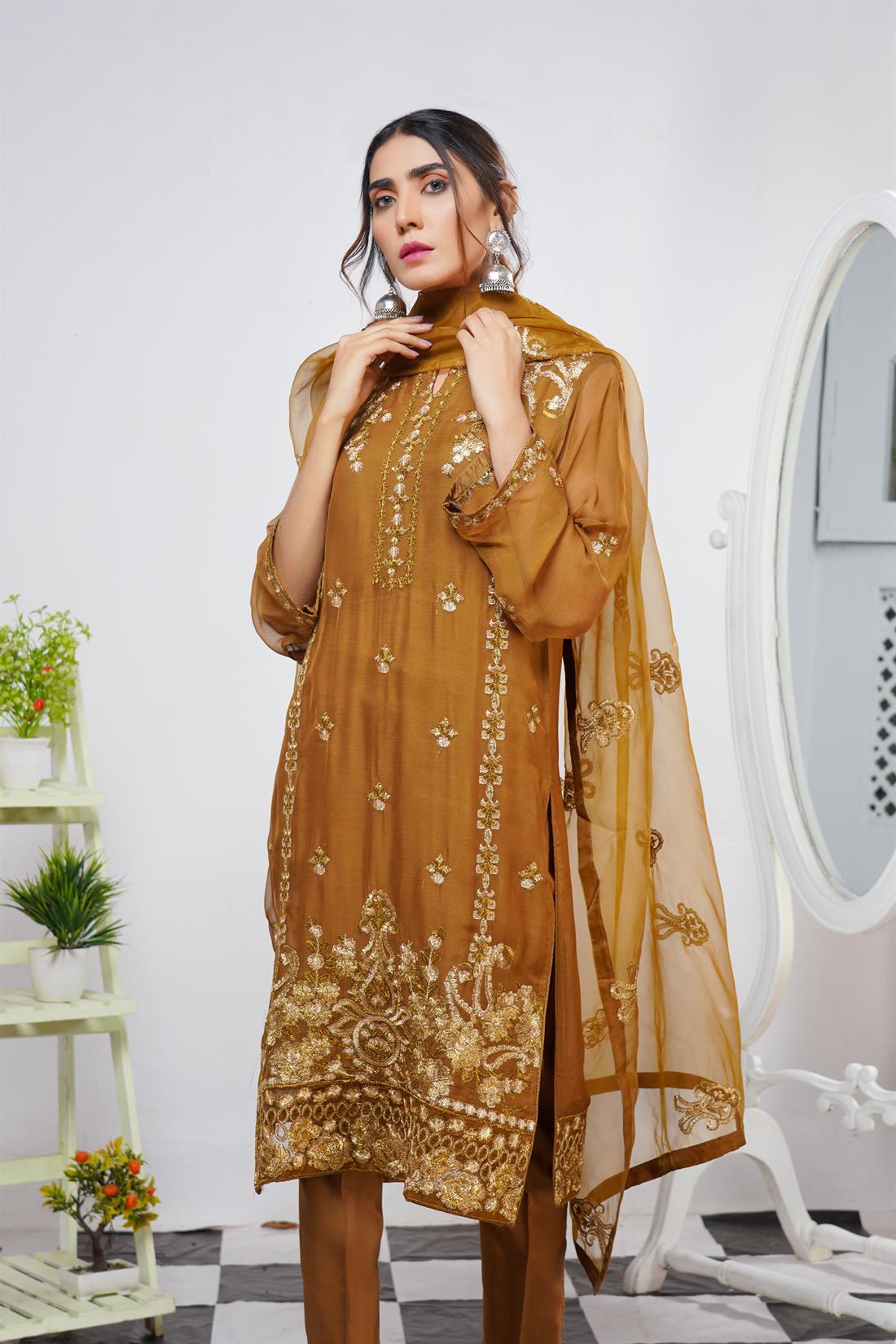 Mehndi Brown Embroidered Readymade Salwar Suit