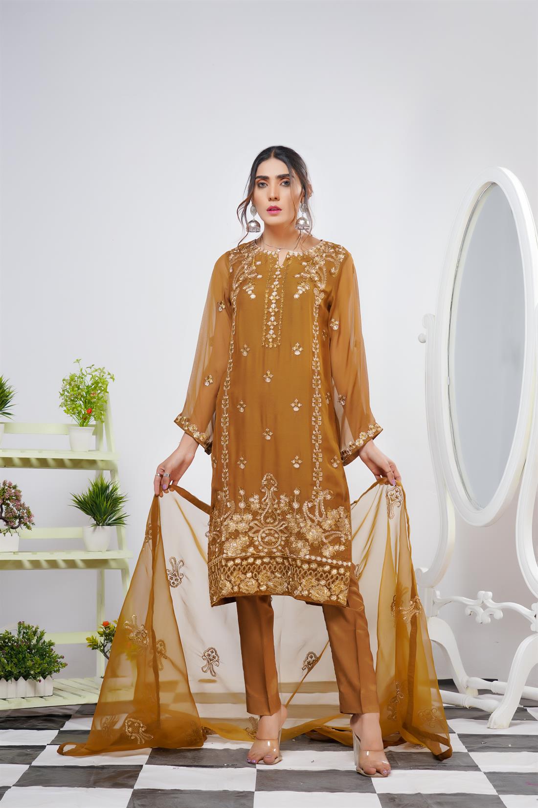 Mehndi Brown Embroidered Readymade Salwar Suit