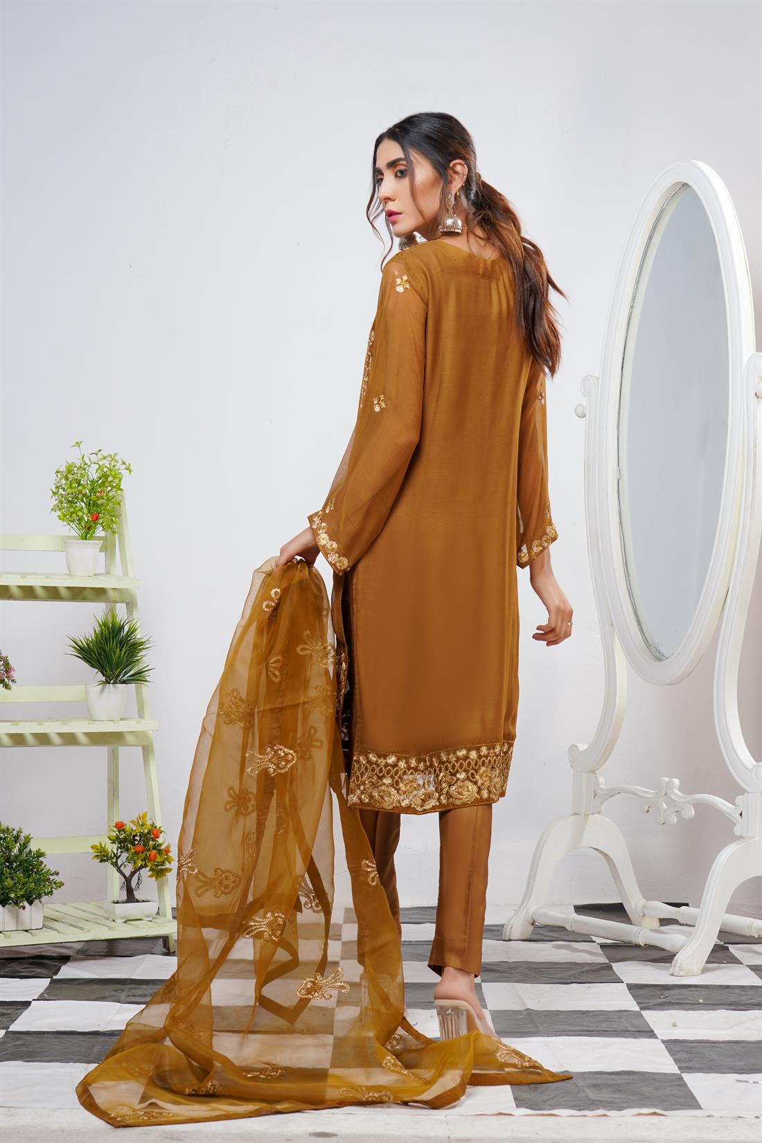 Mehndi Brown Embroidered Readymade Salwar Suit