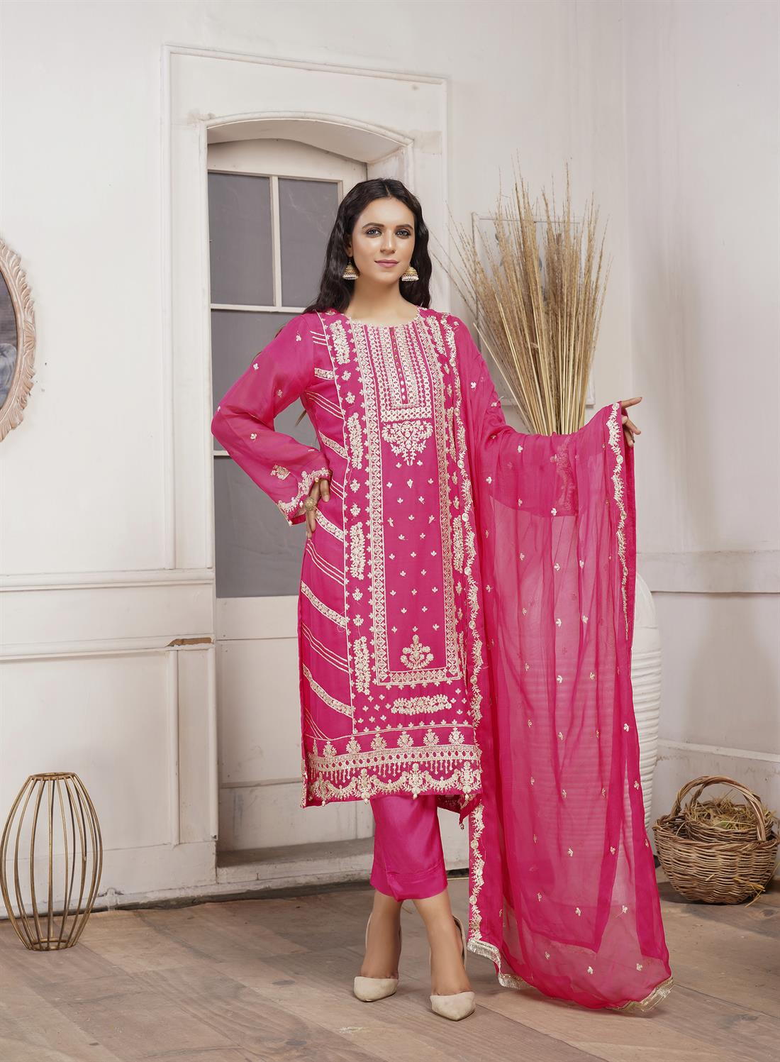 Fuchsia 3 Piece Embroidered Readymade Salwar Suit