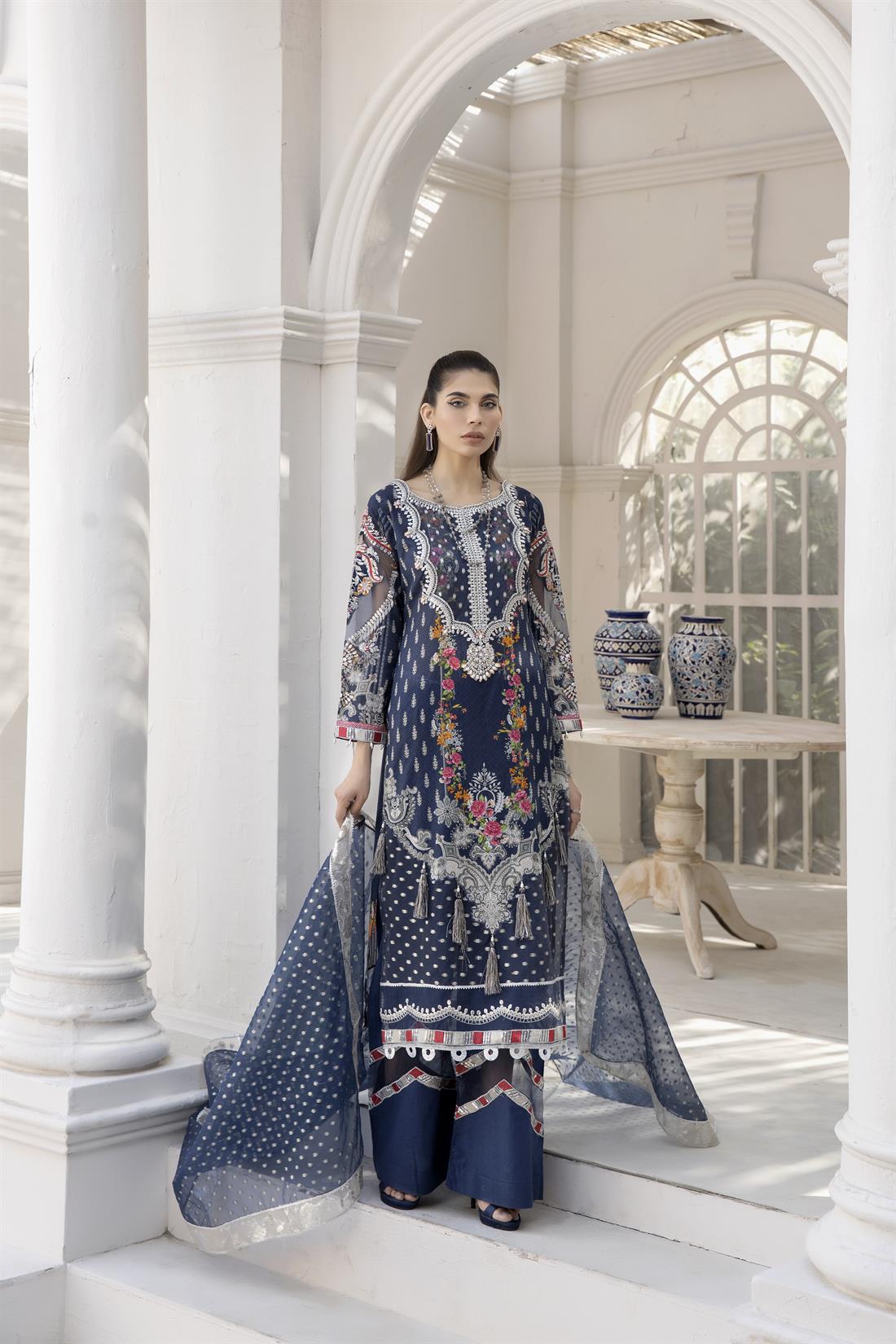 Blue Embroidered Organza Ladies Readymade