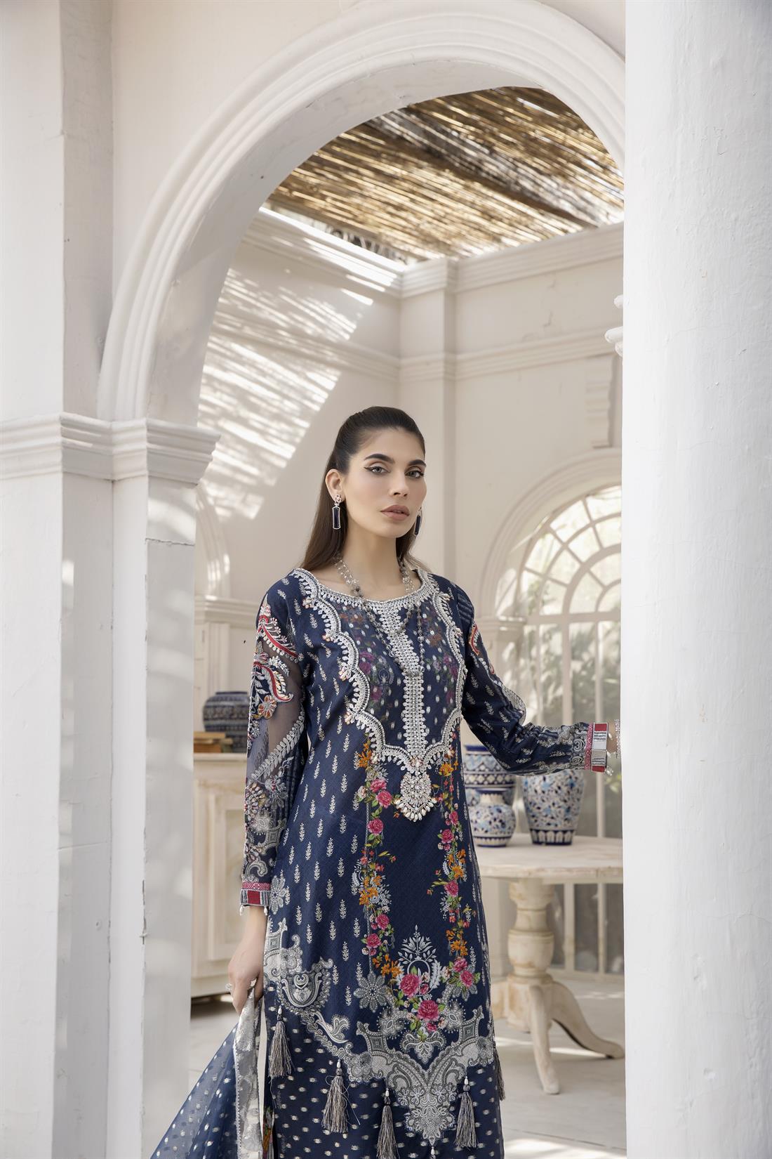 Blue Embroidered Organza Ladies Readymade