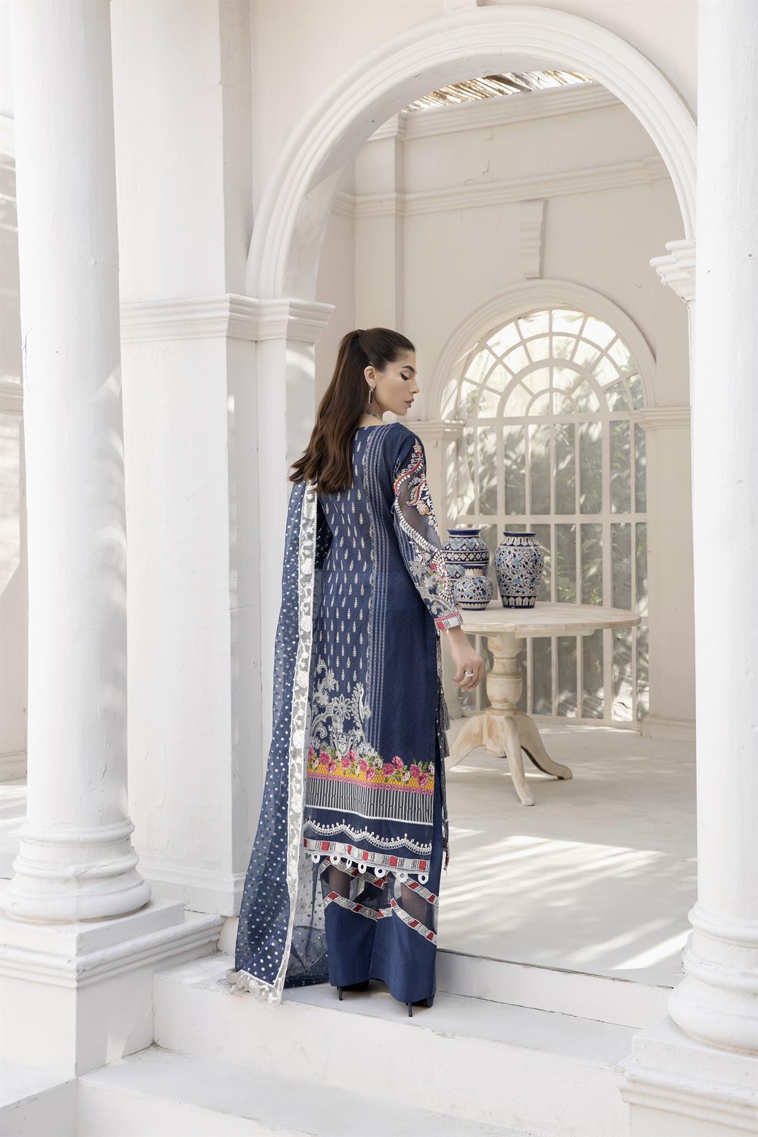Blue Embroidered Organza Ladies Readymade
