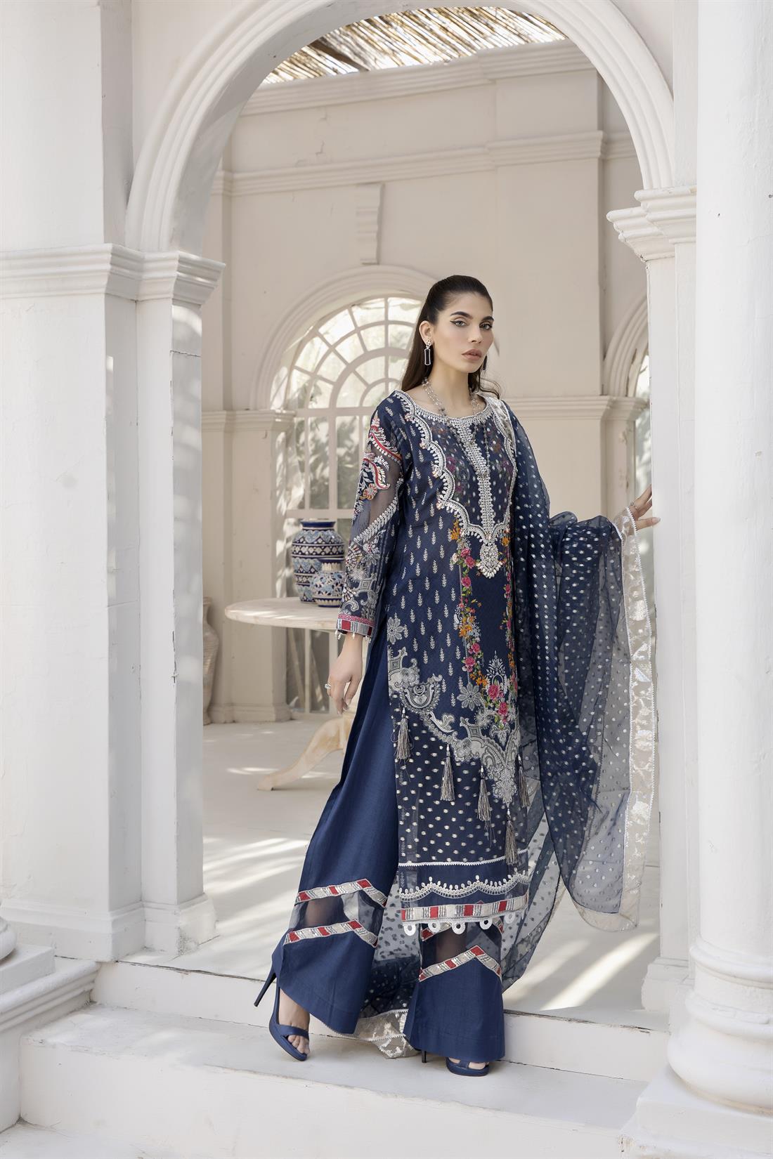 Blue Embroidered Organza Ladies Readymade