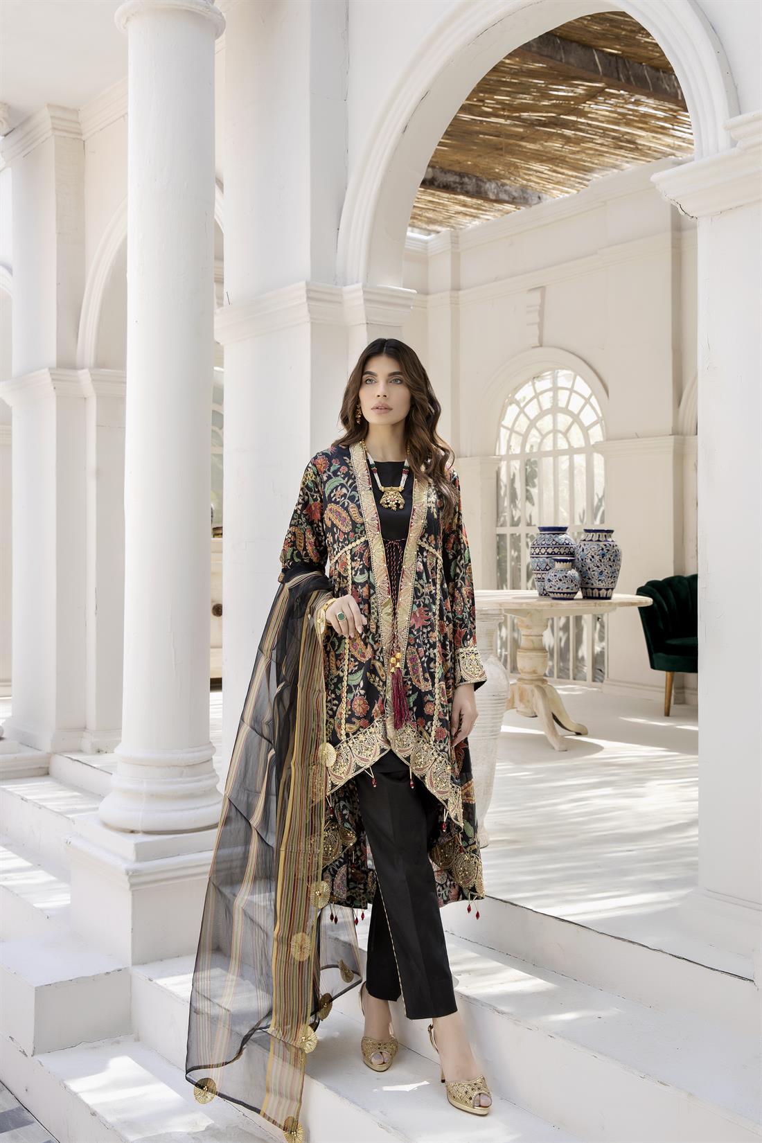 Black Embroidered Organza Ladies Readymade