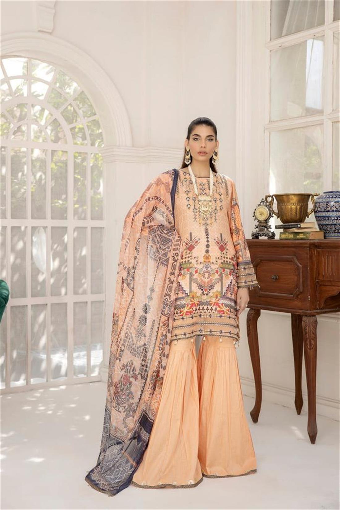 Peach Lawn 3 Piece Stiched Embroidered Cotton Salwar Suit