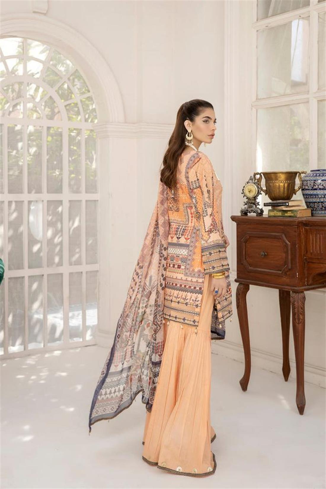 Peach Lawn 3 Piece Stiched Embroidered Cotton Salwar Suit