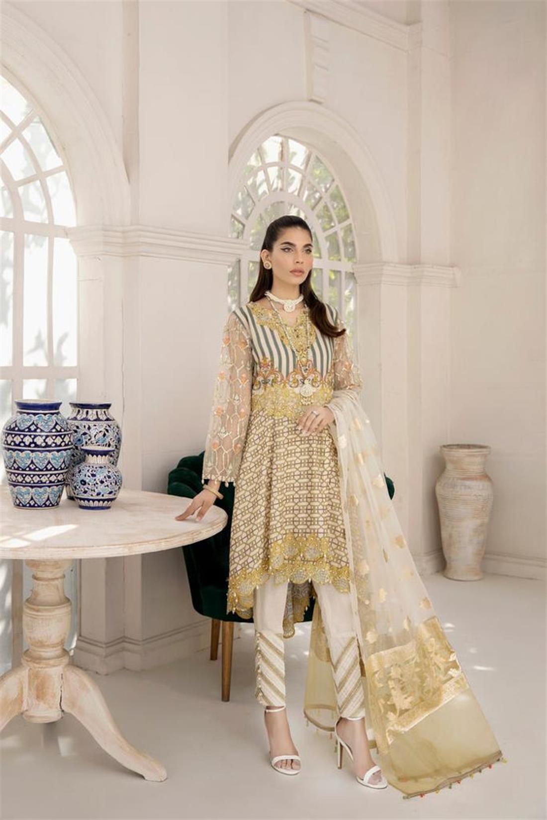 Cream & Yellow Organza Cream/Yellow 3 Piece Embroidered Cotton Salwar Suit