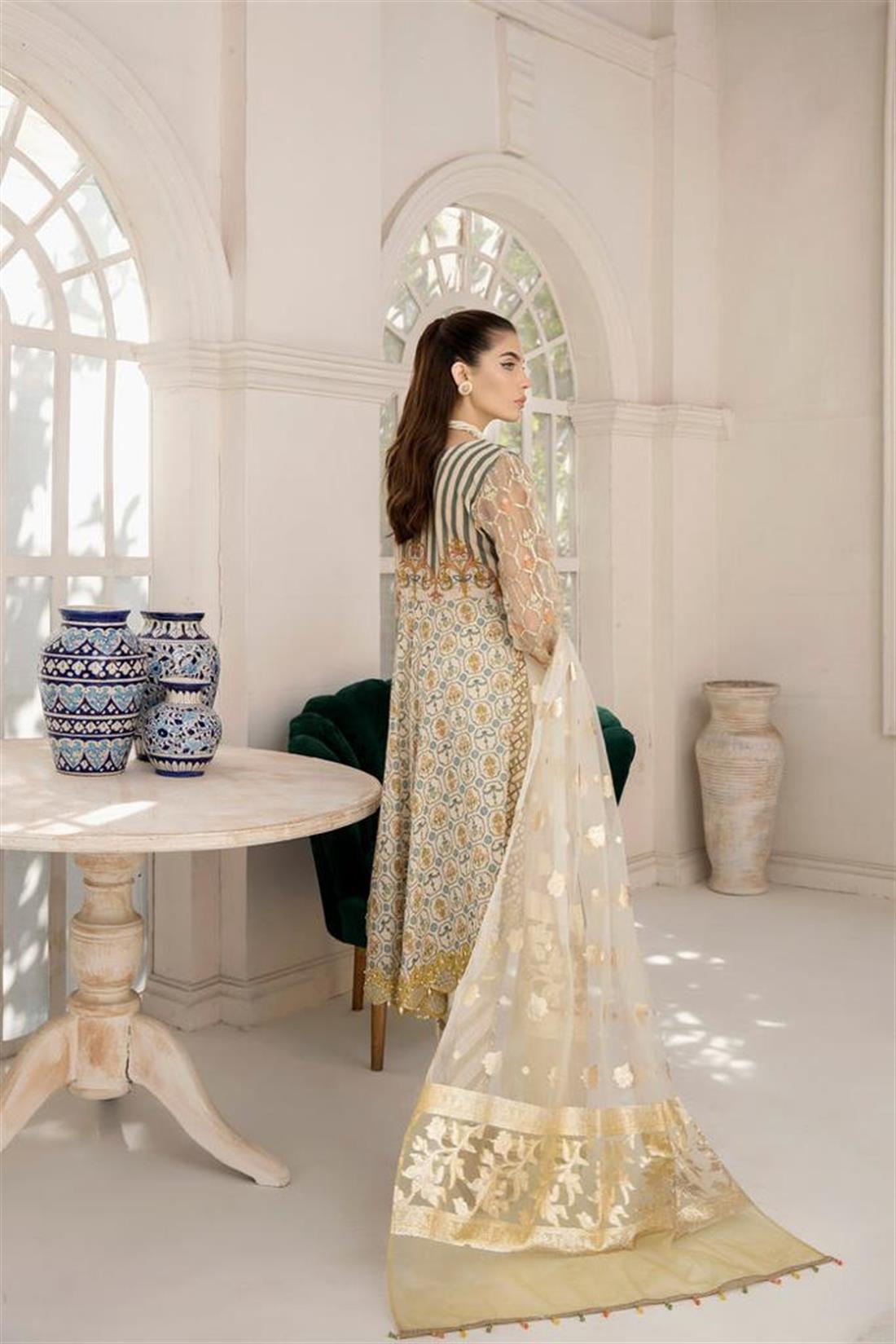 Cream & Yellow Organza Cream/Yellow 3 Piece Embroidered Cotton Salwar Suit