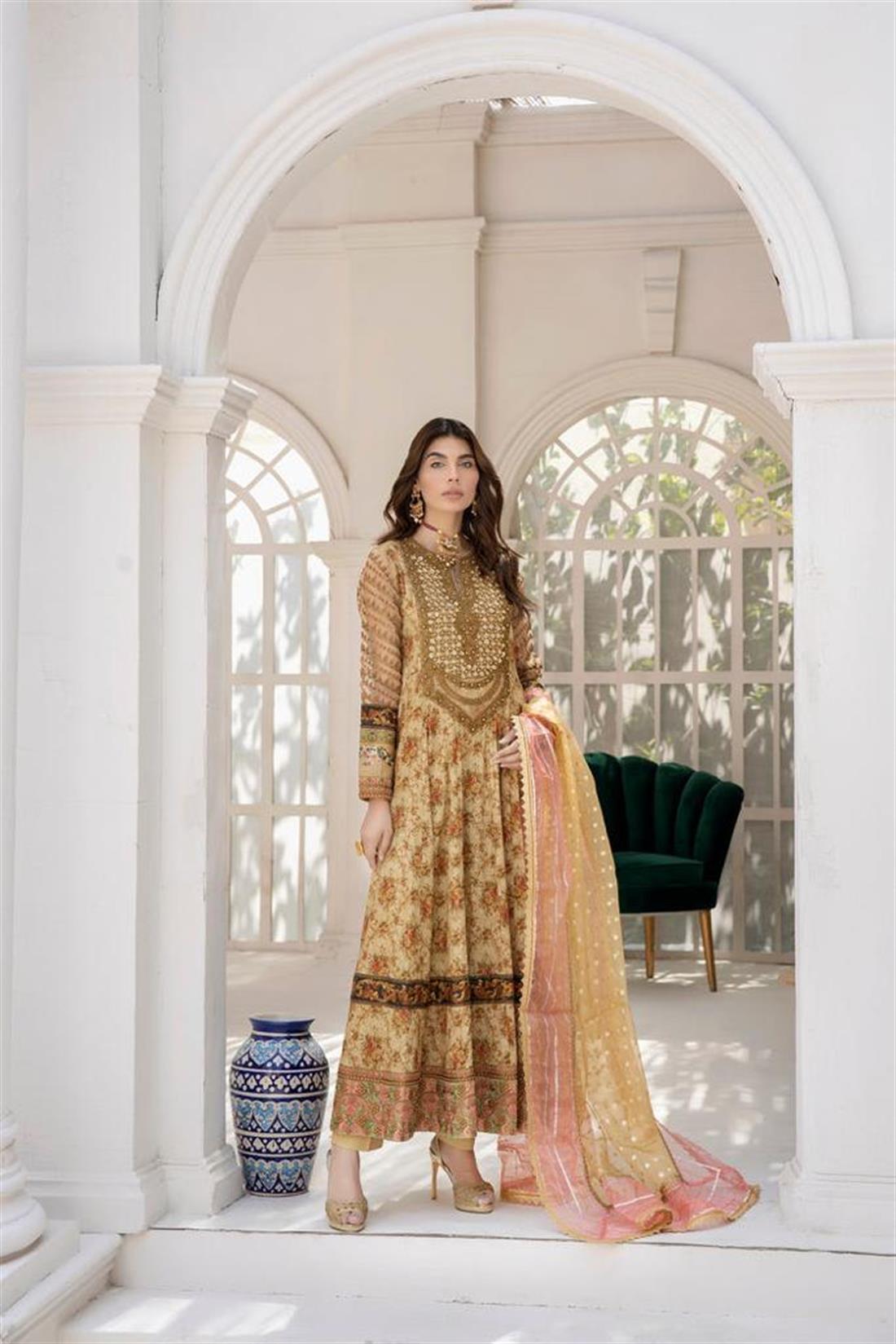 Gold Embroidered Organza Maxi Ladies Readymade