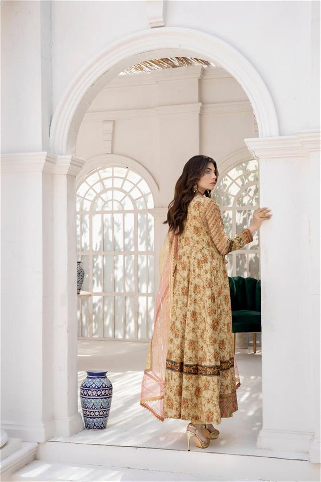 Gold Embroidered Organza Maxi Ladies Readymade